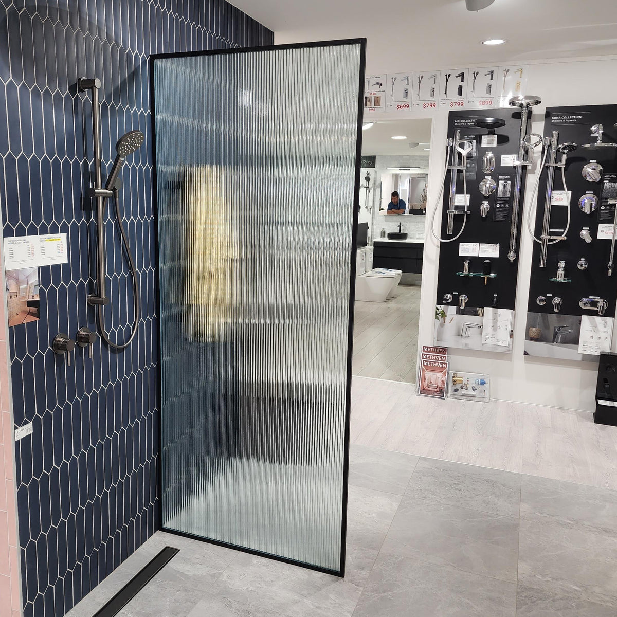 CUSTOM REEDED WALK IN PANEL SHOWER SCREEN WITH BLACK FRAME Elite