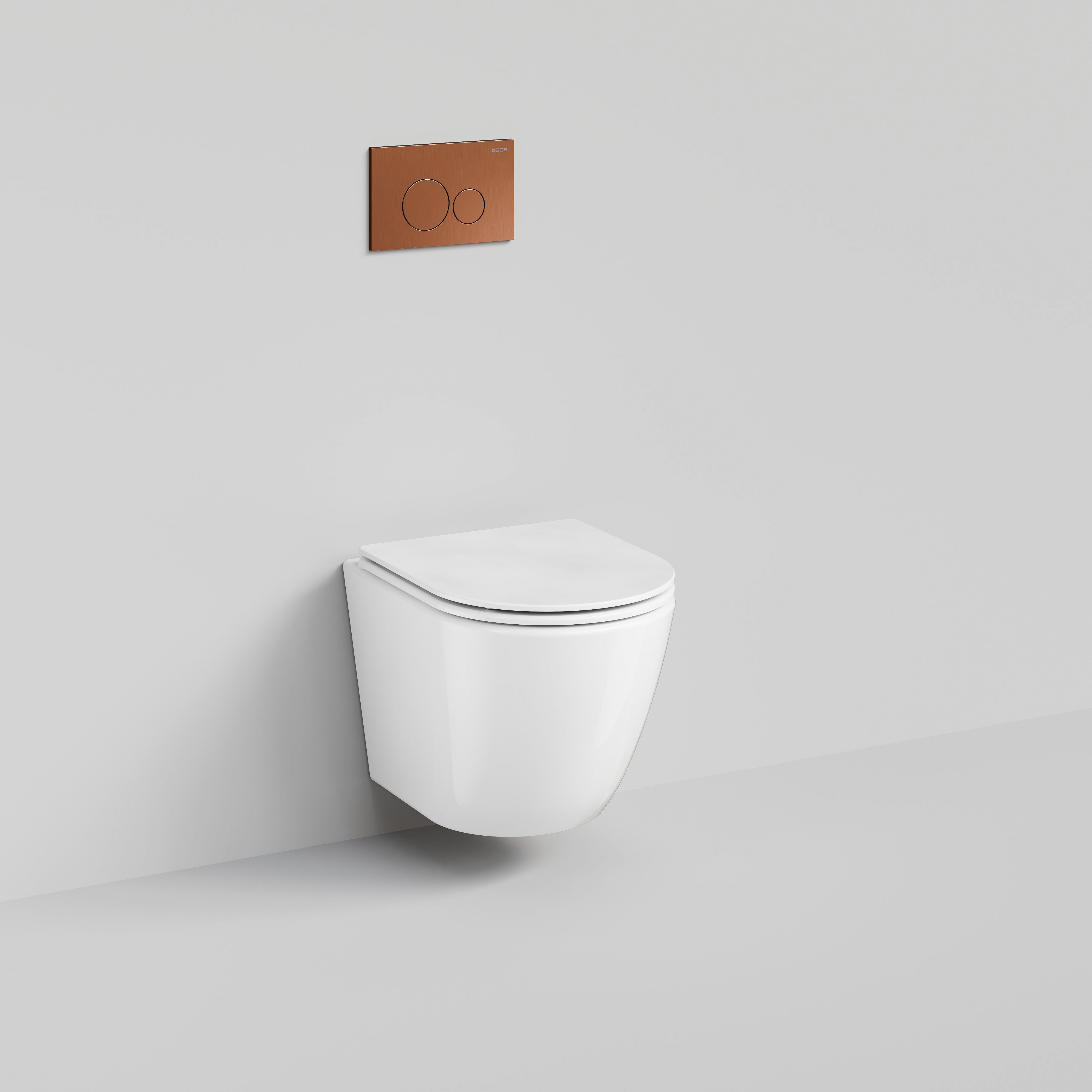 Code Flow Typhoon Wall Hung Toilet Suite | Brushed Copper Button