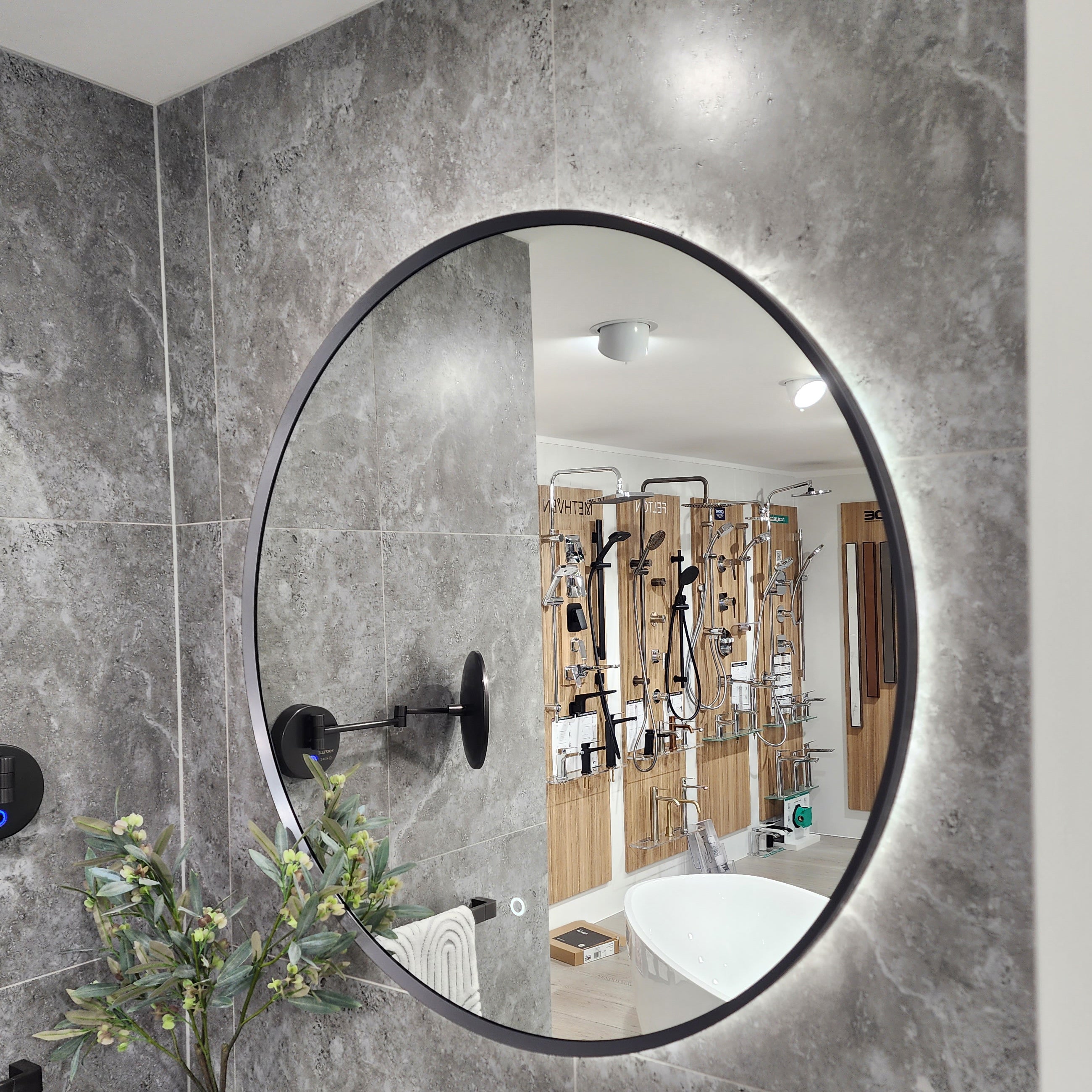 Code Solace Round Gunmetal Framed LED Mirror Shop LED Mirrors NZ Elite Bathroomware