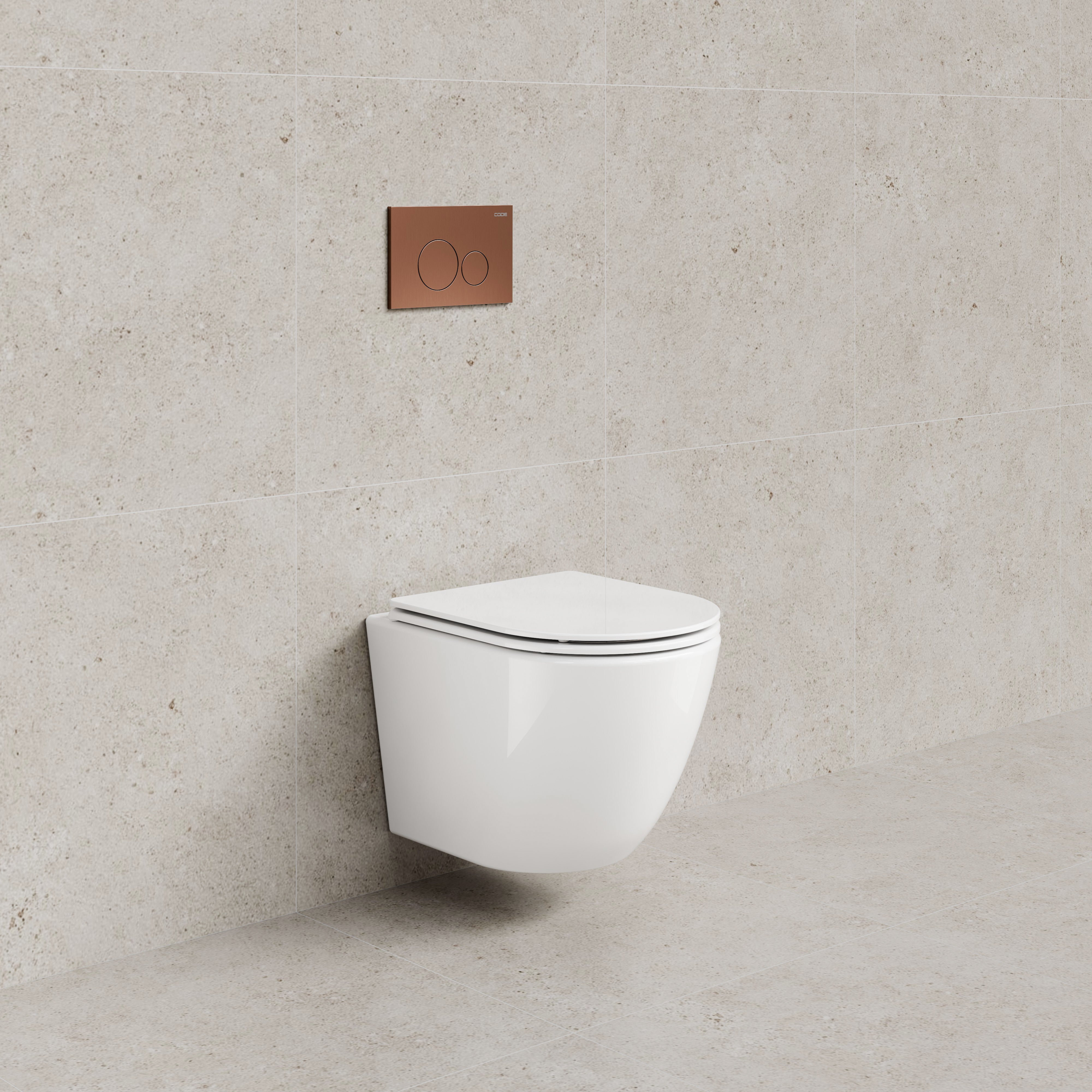 CODE FLOW TYPHOON WALL HUNG TOILET SUITE | BRUSHED COPPER BUTTON