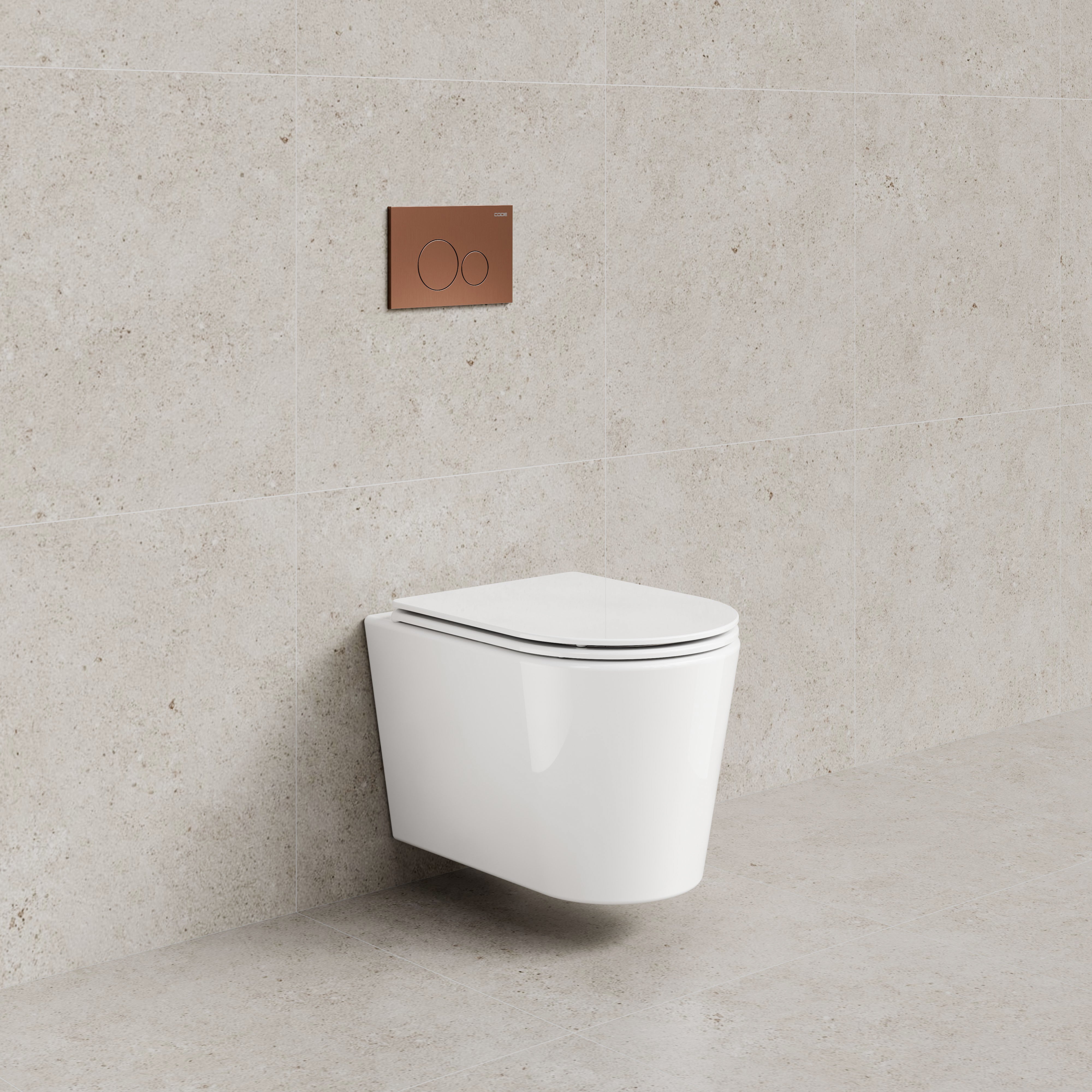 CODE PURE TYPHOON WALL HUNG TOILET SUITE | BRUSHED COPPER BUTTON