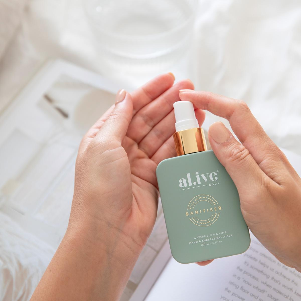 al.ive body Hand & Surface Sanitiser Spray Watermelon & Lime - lifestyle shot