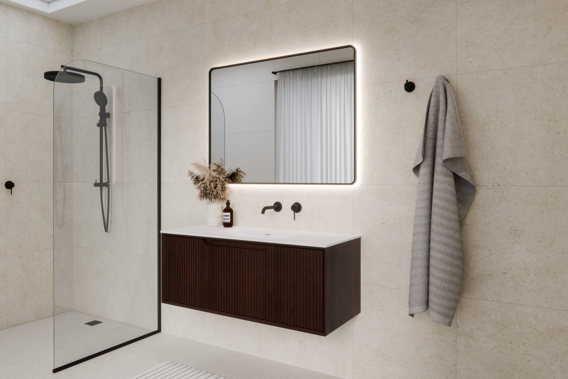 Aria-1200-Vanity-With-Inset-Basin-In-Bathroom-Setting-With-Framed-LED-Aura-Mirror