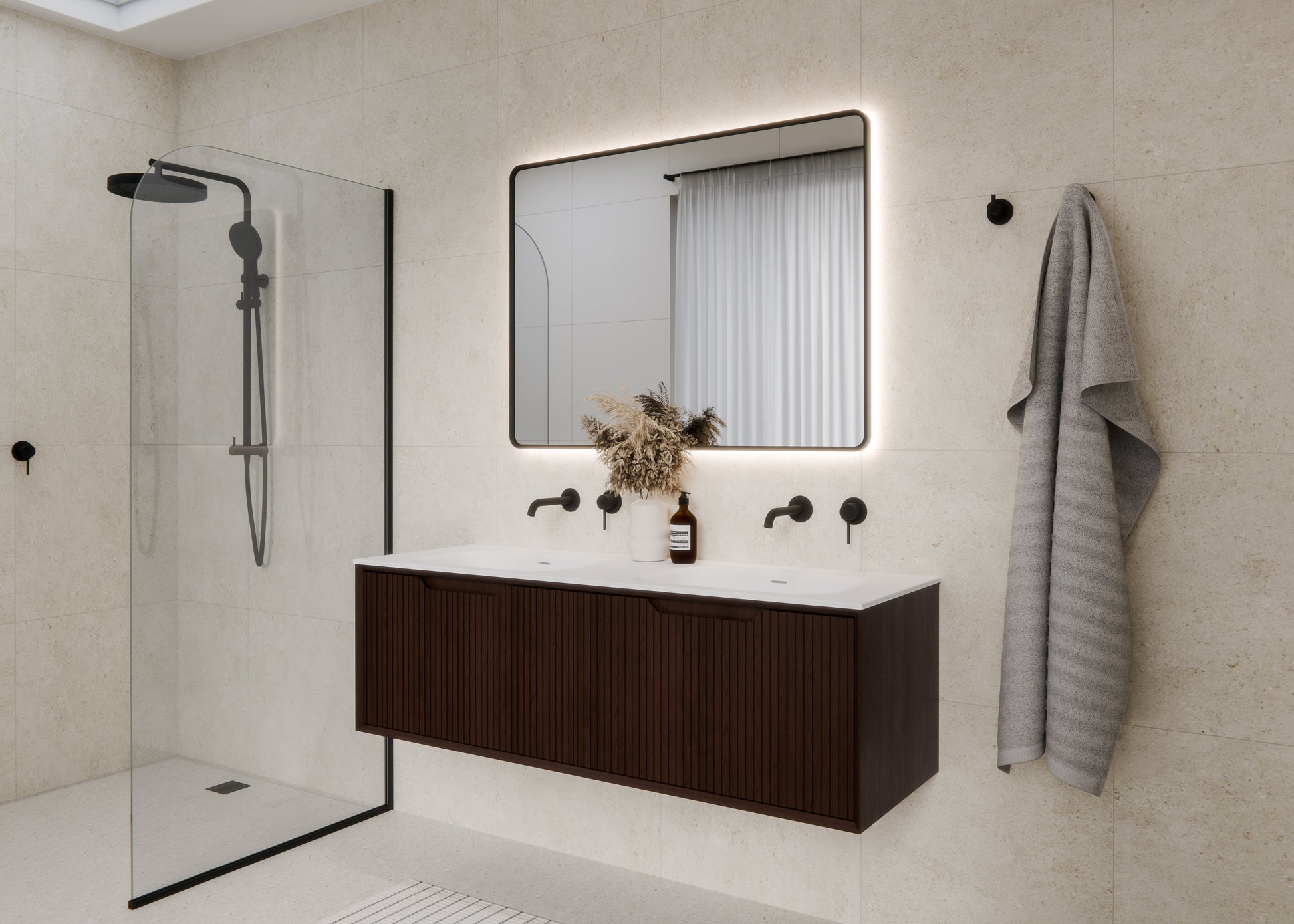 Aria-1500-Vanity-With-Double-Inset-Basin-In-Bathroom-Setting-With-Framed-LED-Aura-Mirror