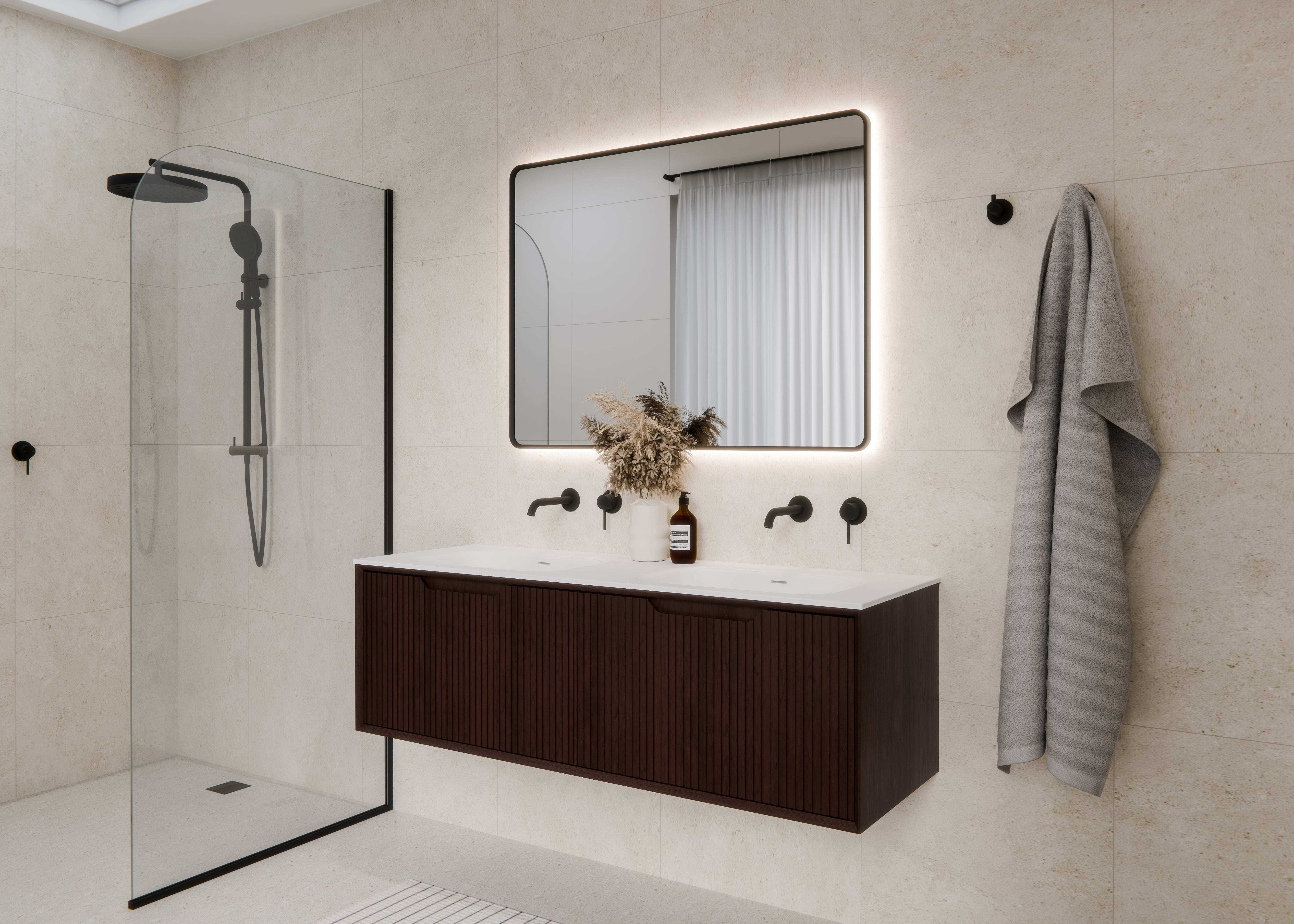 Aria-1500-Vanity-With-Double-Inset-Basin-In-Bathroom-Setting-With-Framed-LED-Aura-Mirror
