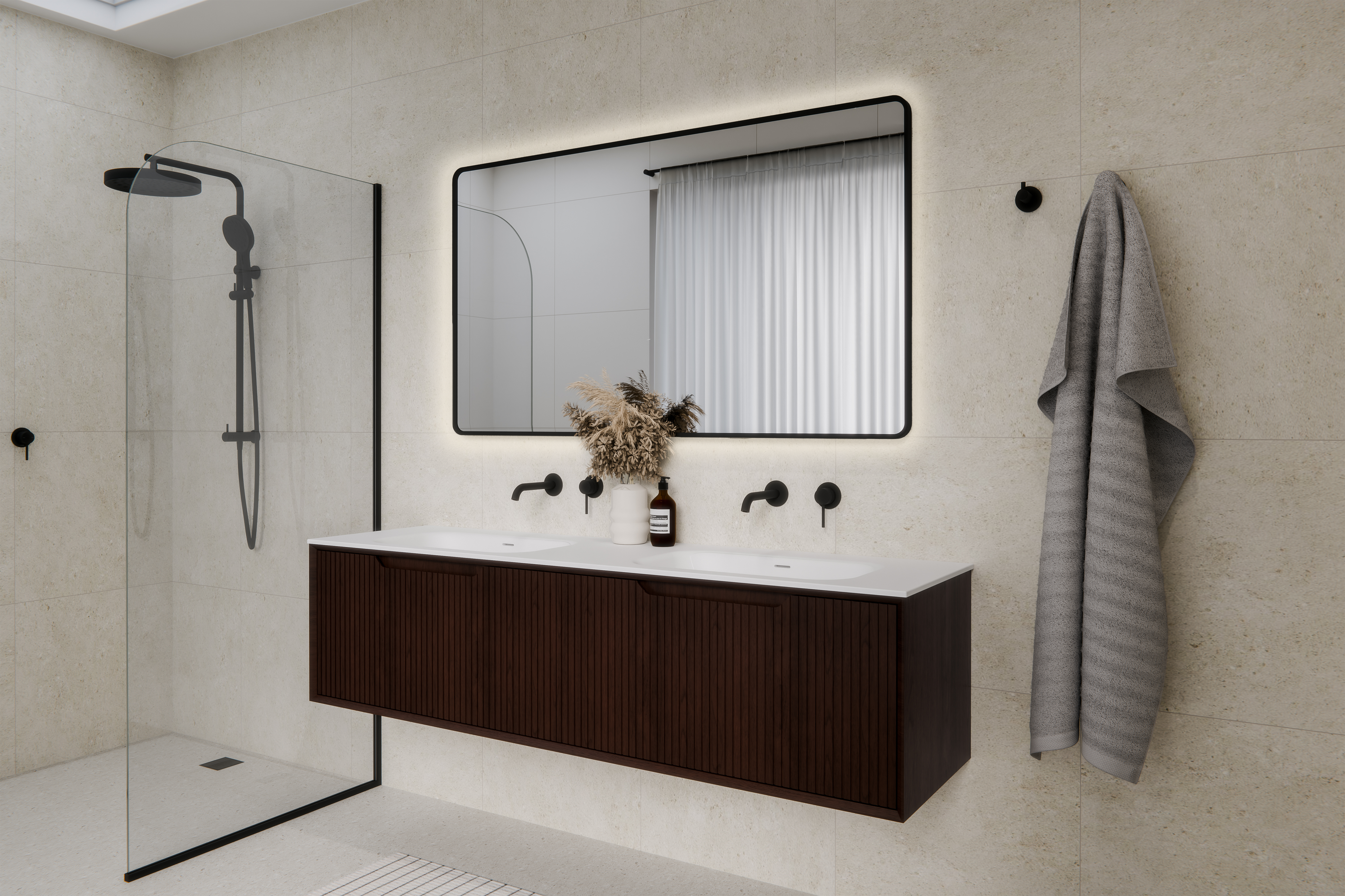 Aria-1800-Vanity-With-Double-Inset-Basin-In-Bathroom-Setting-With-Framed-LED-Aura-Mirror