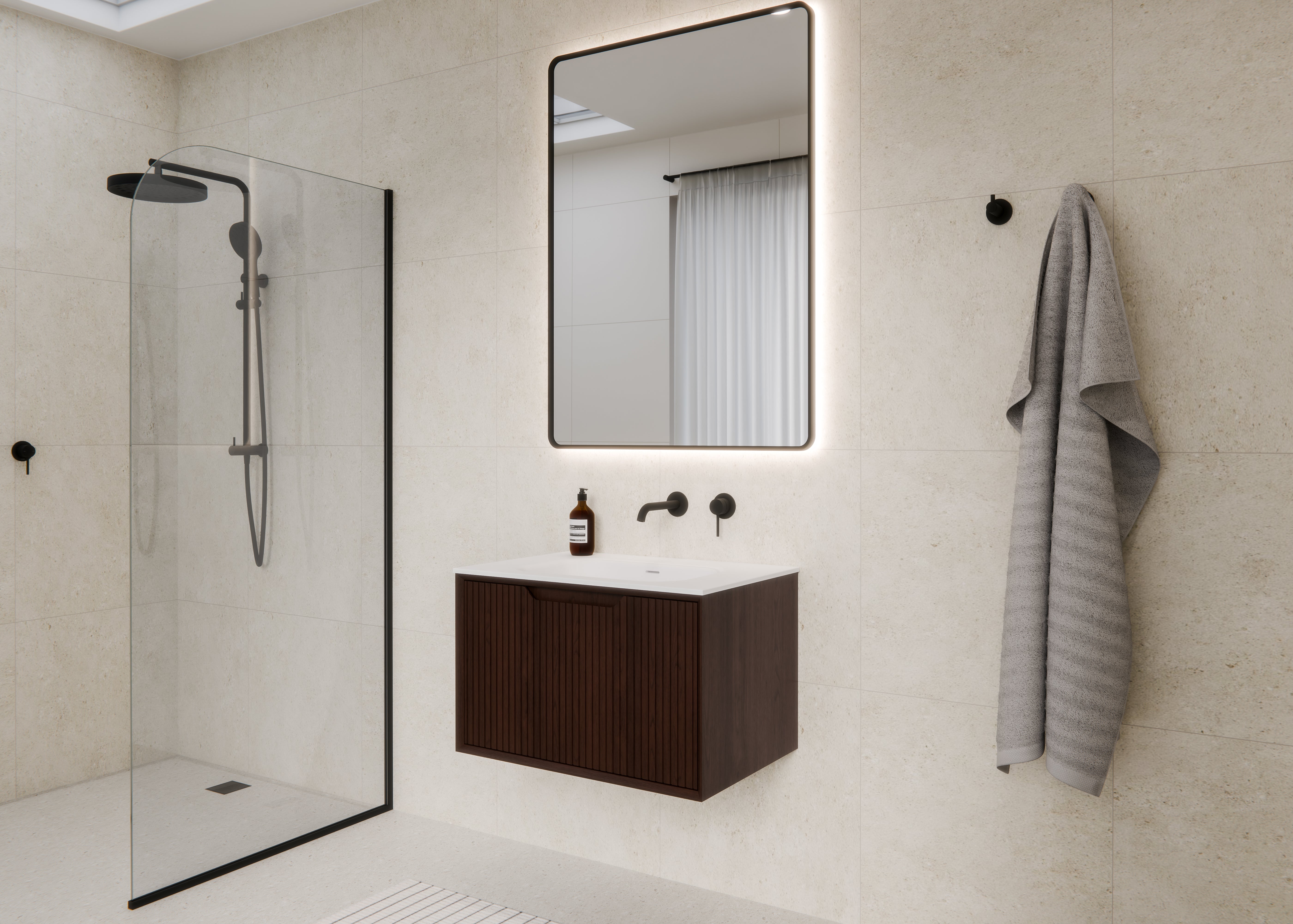 Aria-750-Vanity-With-Inset-Basin-In-Bathroom-Setting-With-Framed-LED-Aura-Mirror