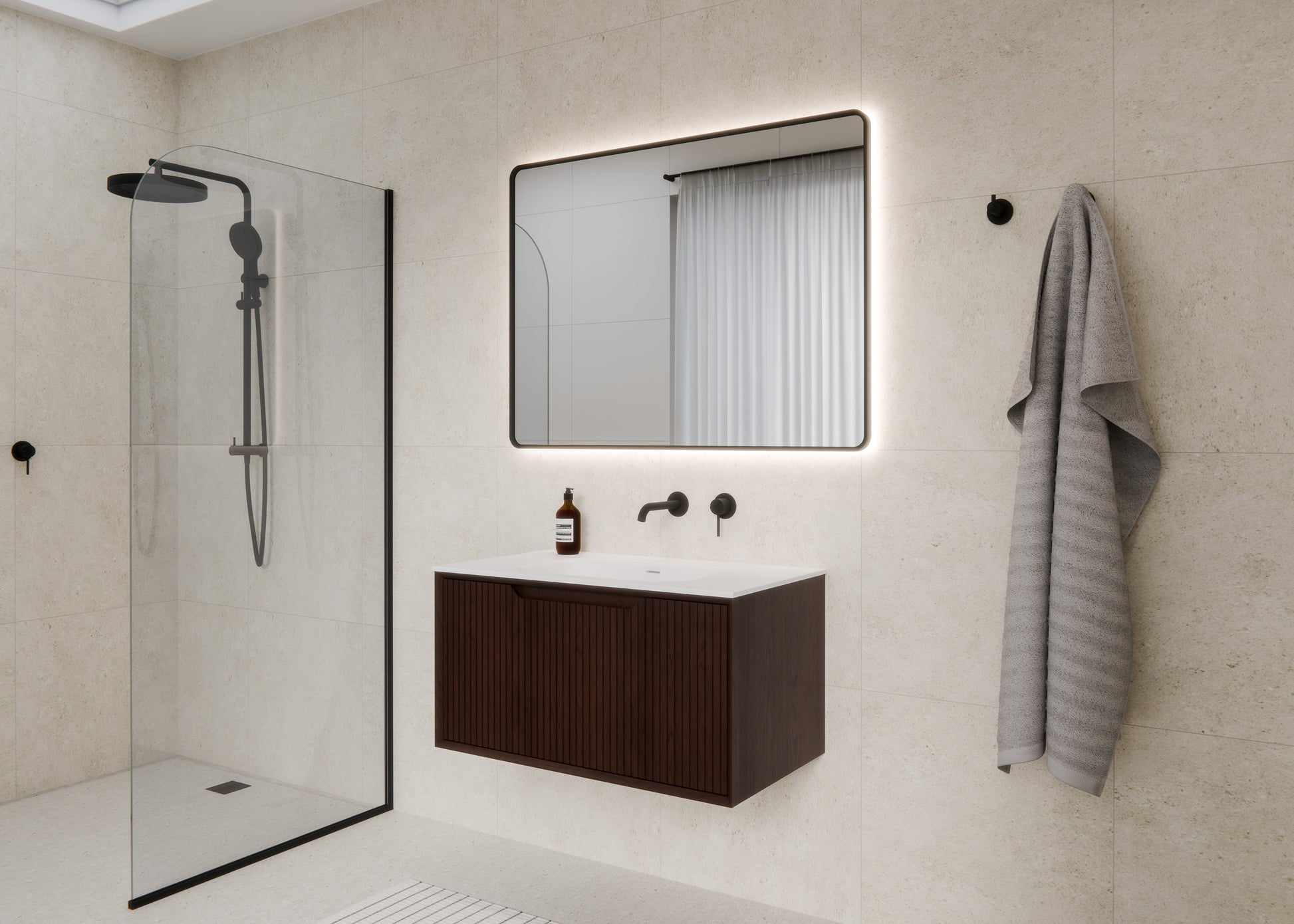 Aria-900-Vanity-With-Inset-Basin-In-Bathroom-Setting-With-Framed-LED-Aura-Mirror