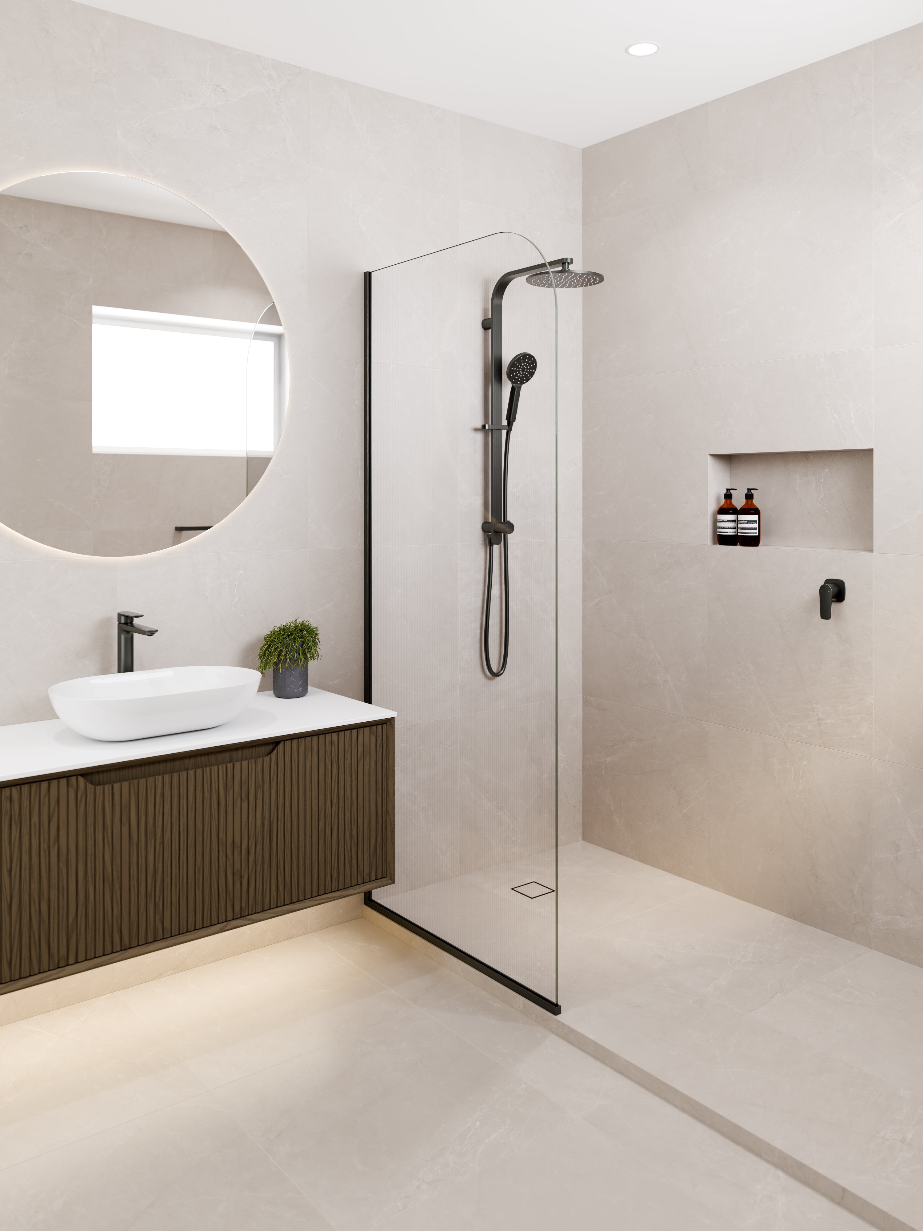Aria-1200-Smoked-Ash-Vanity-Bathroom-Setting-With-Lineare-Tapware-And-Shower-Column-In-Gunmetal