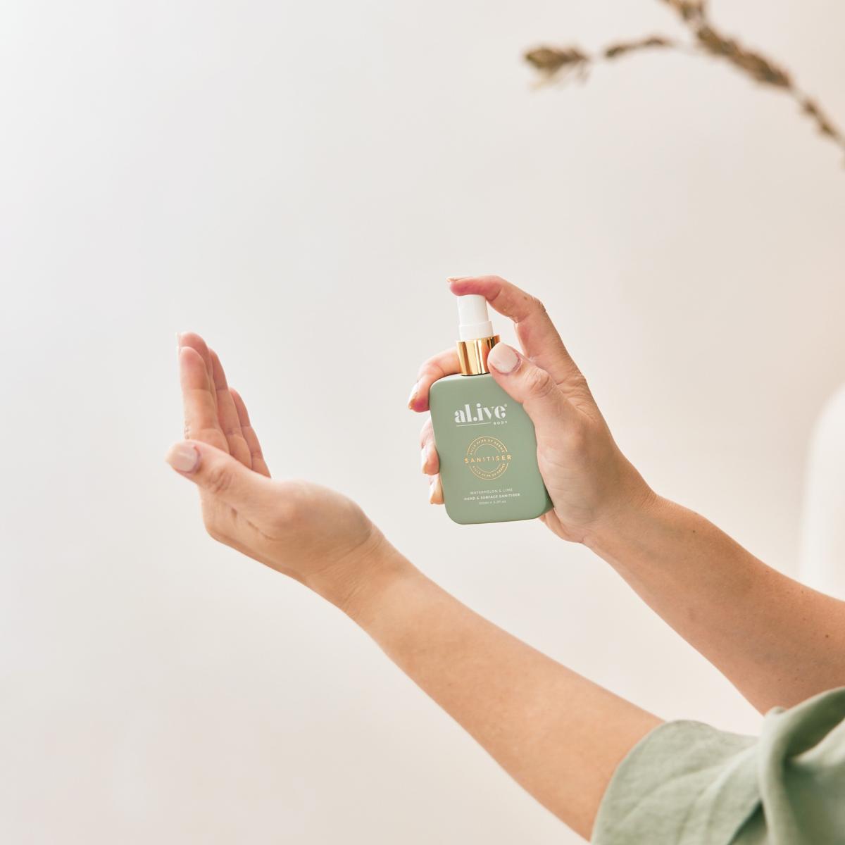 al.ive body Hand & Surface Sanitiser Spray Watermelon & Lime - lifestyle shot