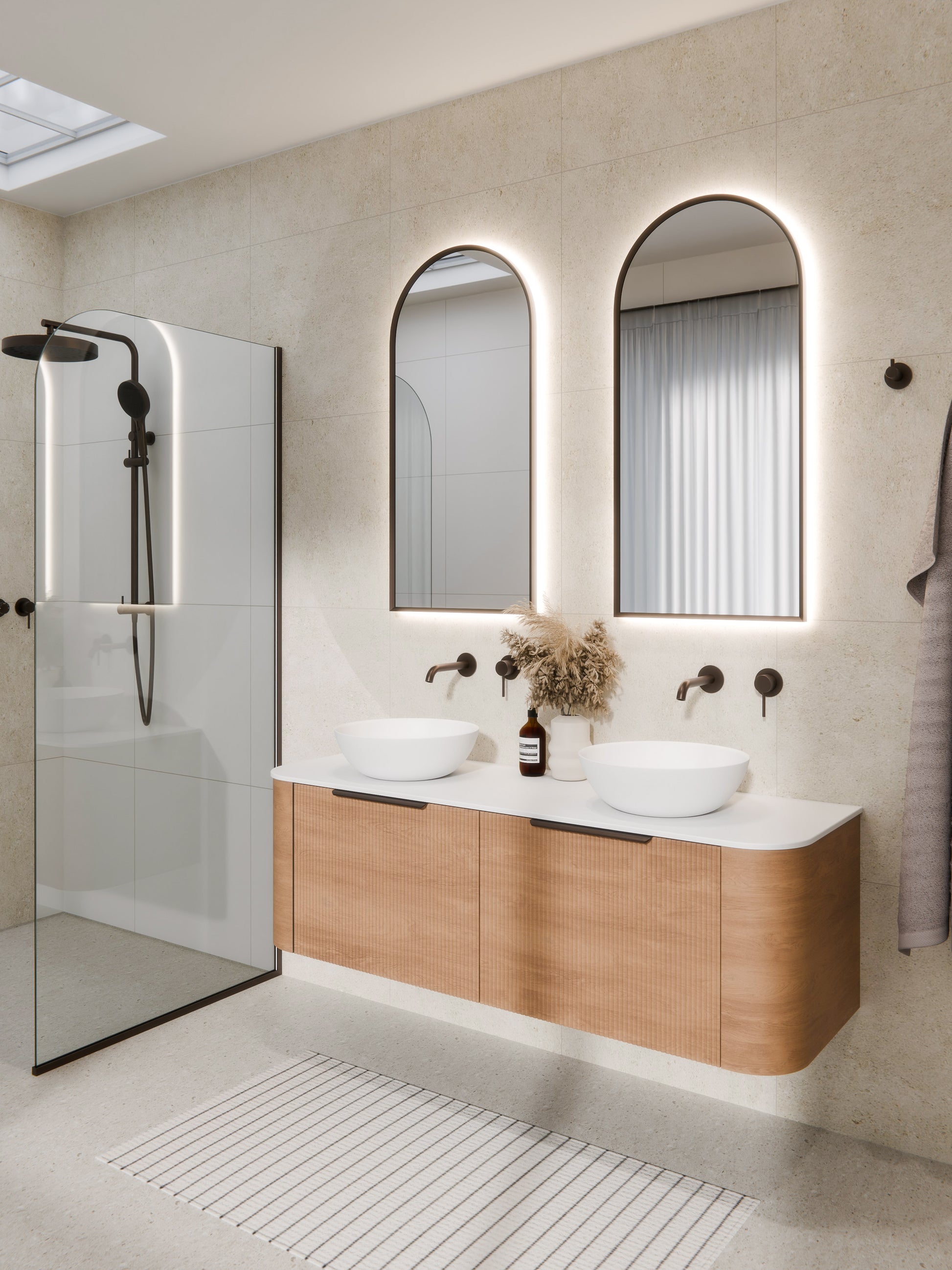 tall-framed-arch-led-mirror-bathroom-setting-in-brushed-bronze