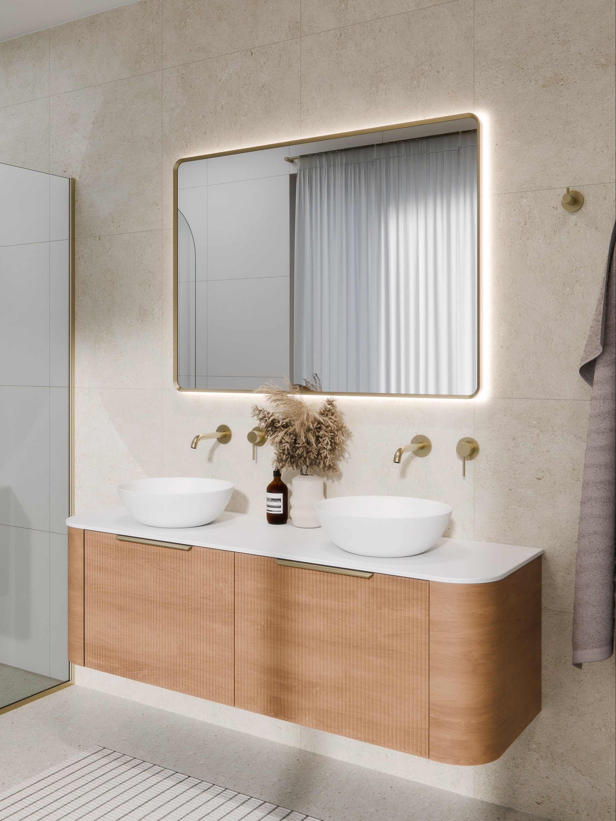 aura-framed-rectangle-led-mirror-in-brushed-brass-bathroom-setting