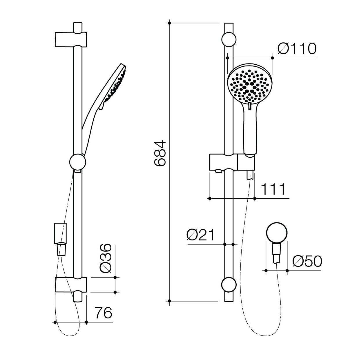Caroma Basis Round Rail Shower - technical drawing