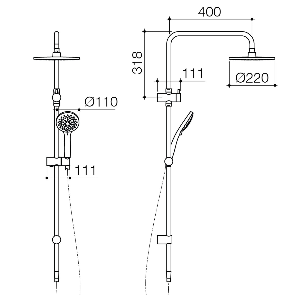 Caroma Basis Round Rail Shower with Overhead - technical drawing