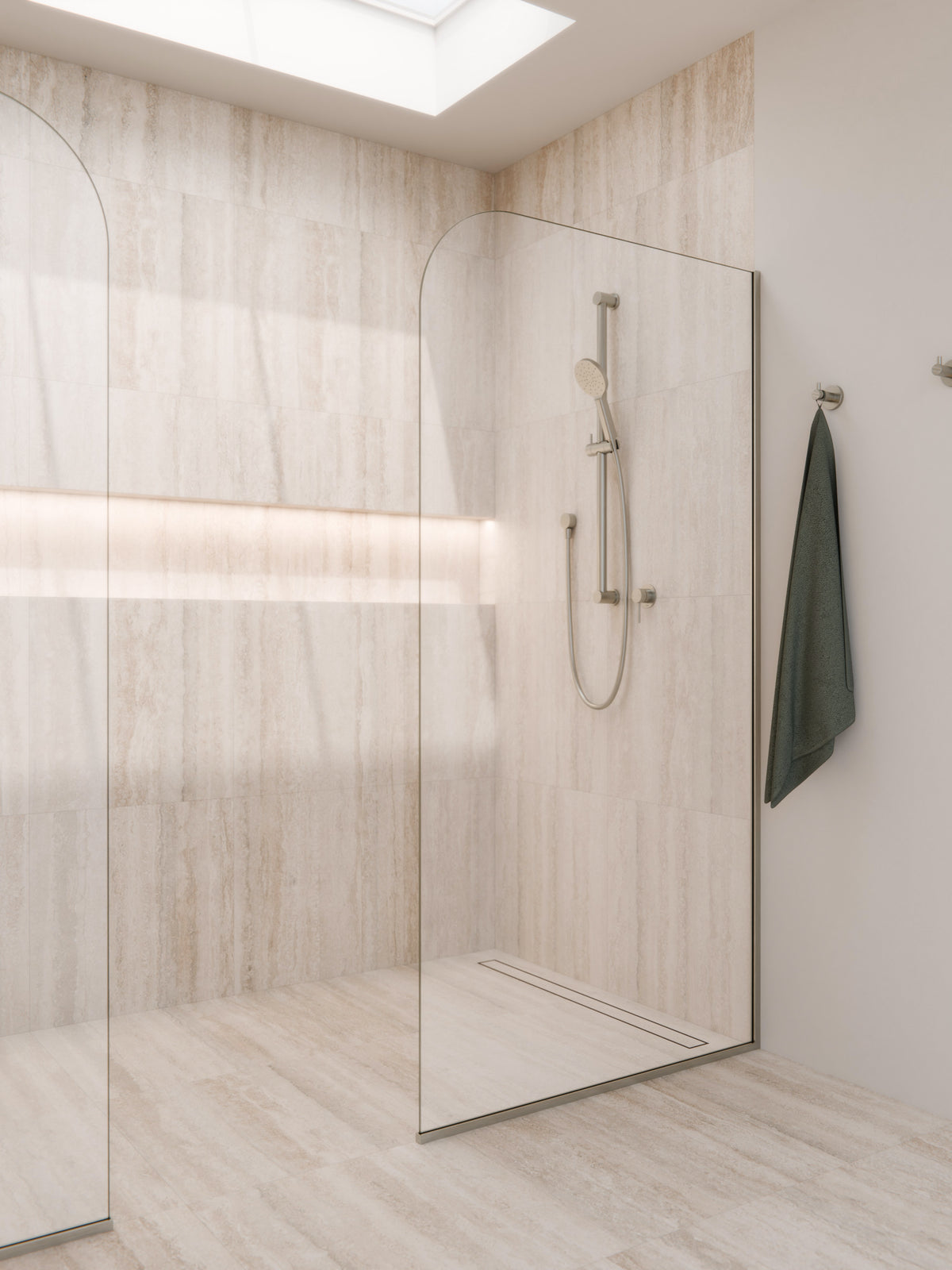 Bathroom shower area with Nature Slide Shower in Brushed Nickel with matching finishes across the shower glass and robe hooks.