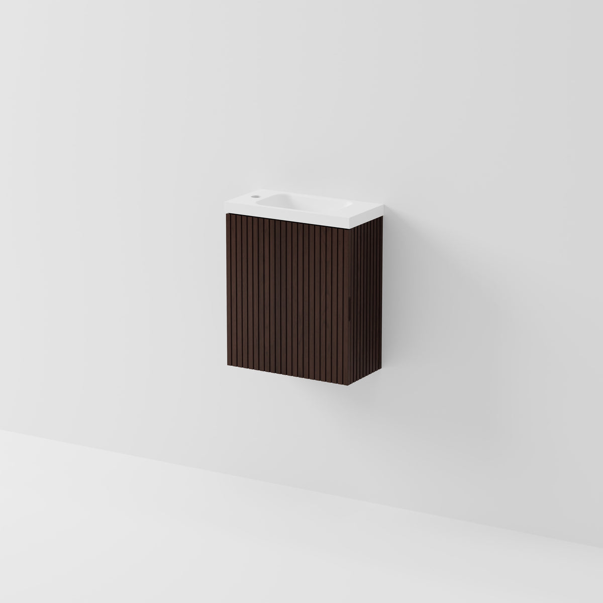 Modern bathroom vanity setup with a white wall-mounted sink cabinet in walnut ash timber veneer.
