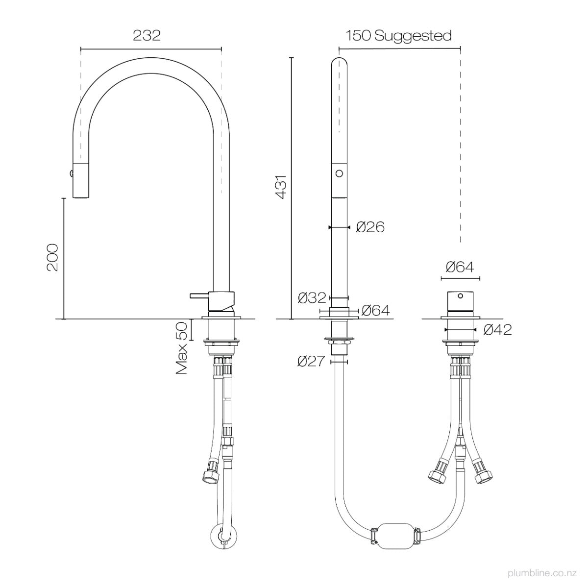 Plumbline Buddy 2 Hole Kitchen Mixer Round Spout With Pull Out Spray