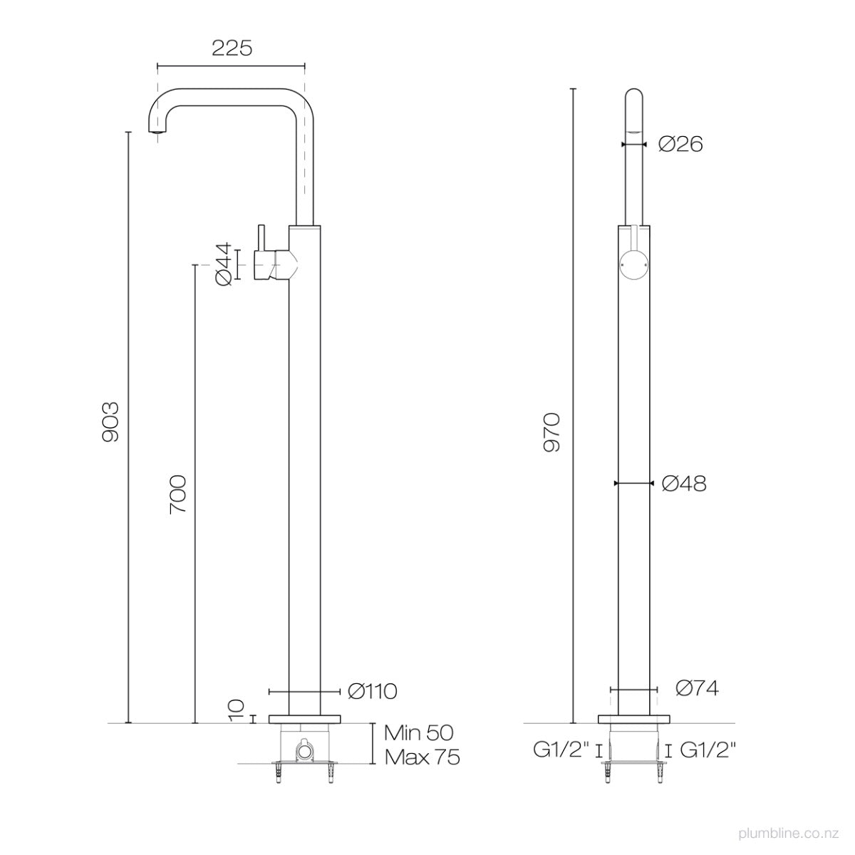Plumbline Buddy Square Floor Mount Bath Filler No Handshower