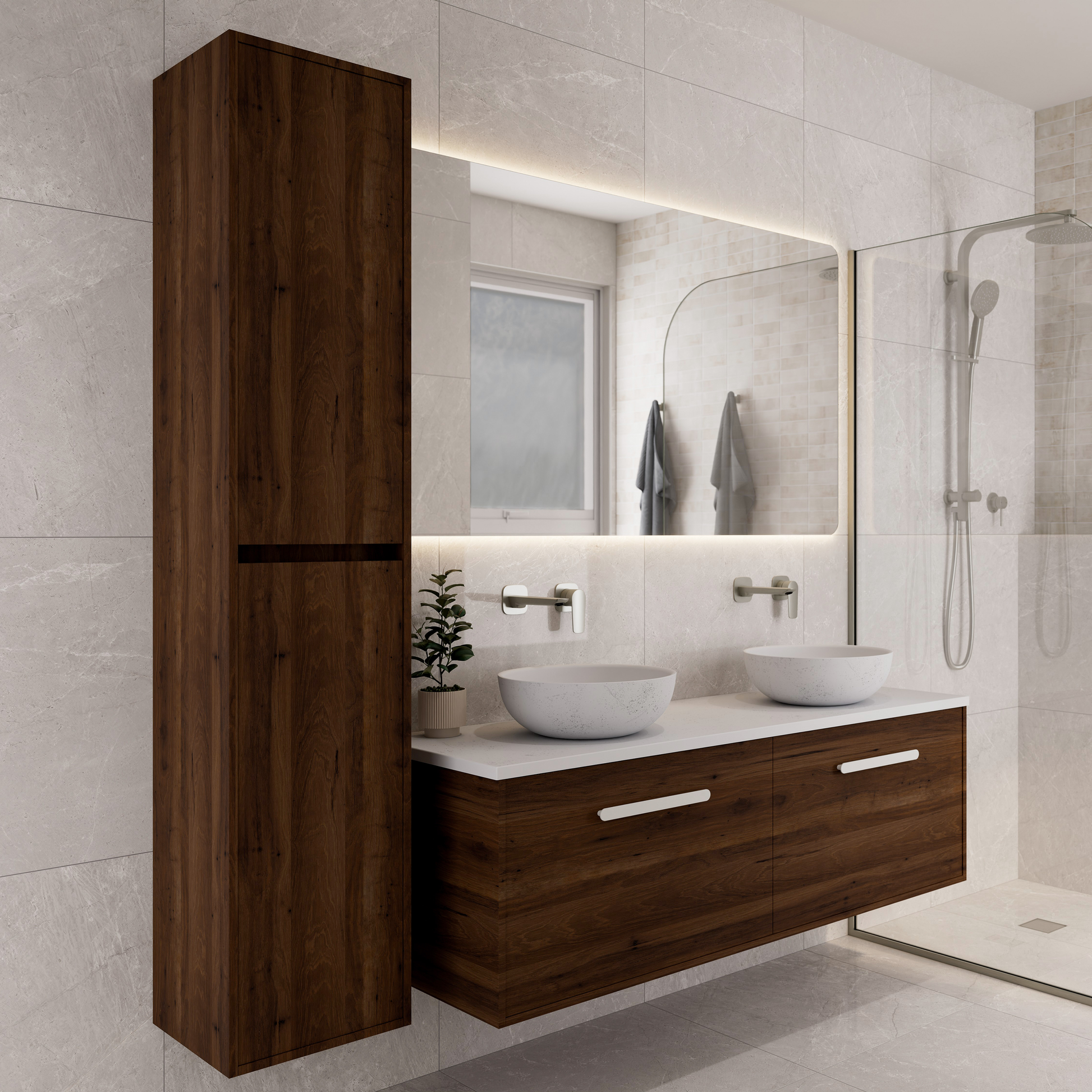 Bathroom-with-wooden-tower-cabinet-in-classic-walnut-and-vanity-unit-mirror