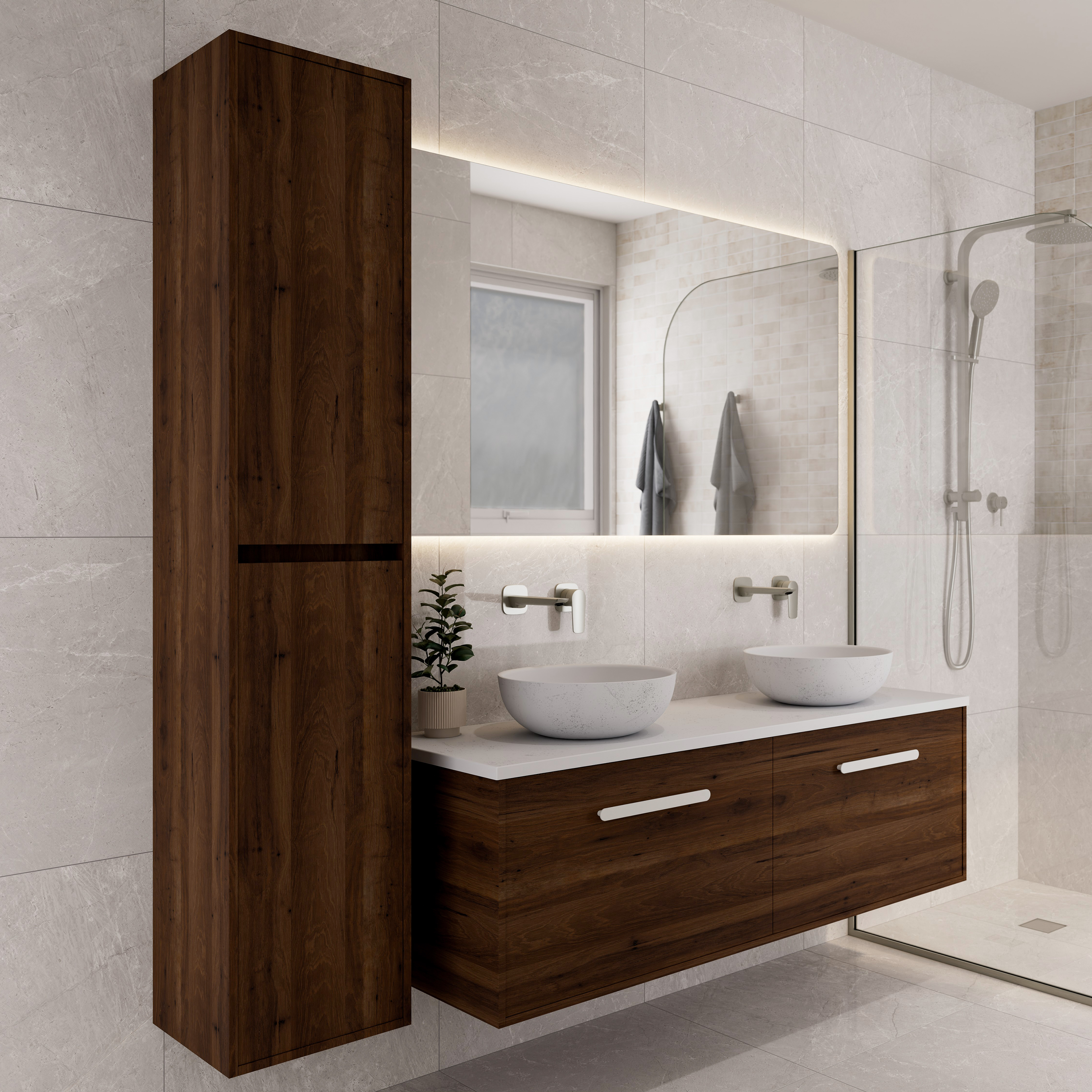 Bathroom-with-wooden-tower-cabinet-in-classic-walnut-and-vanity-unit-mirror