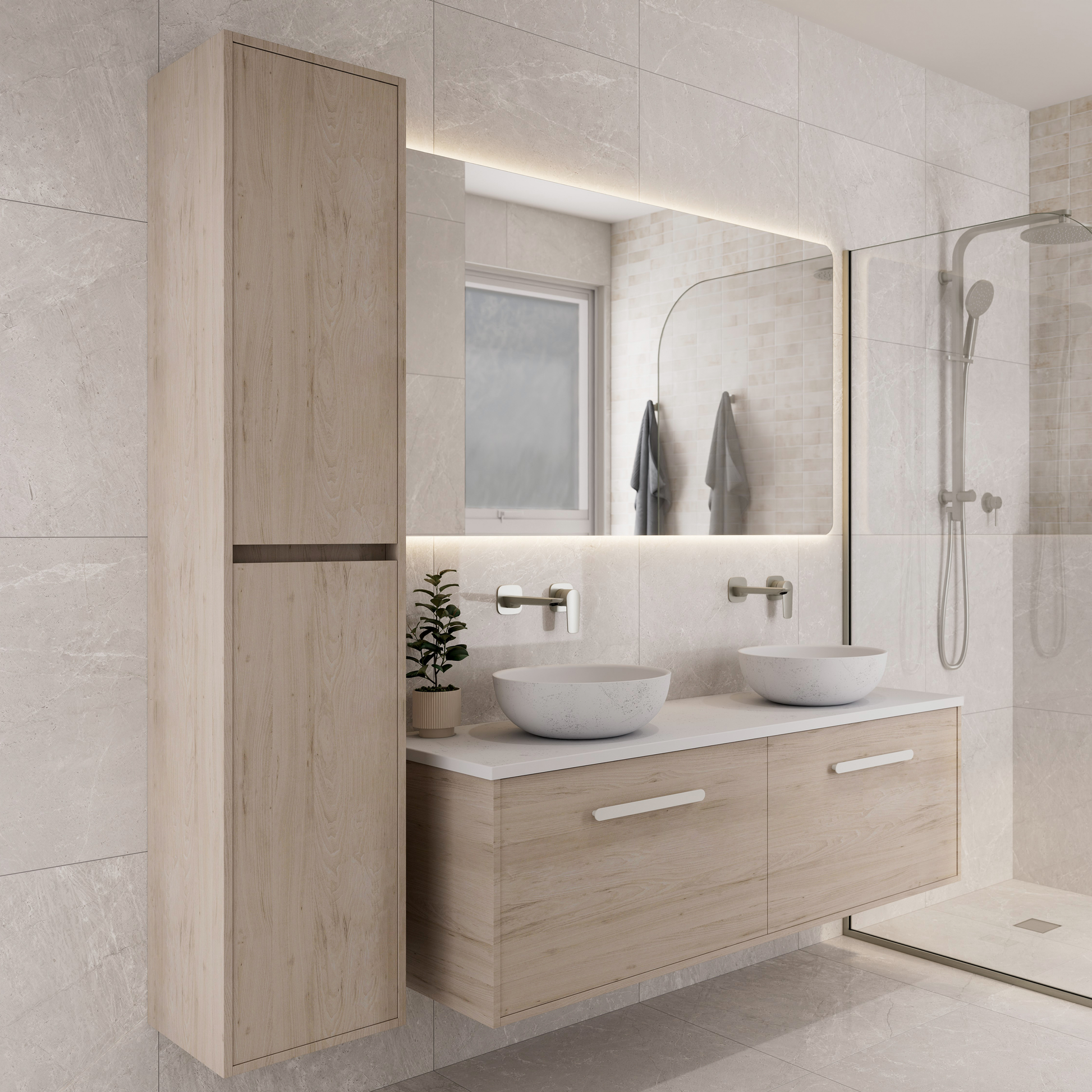 Bathroom-with-light-wooden-tower-cabinet-in-hampton-elm-and-vanity-unit-mirror