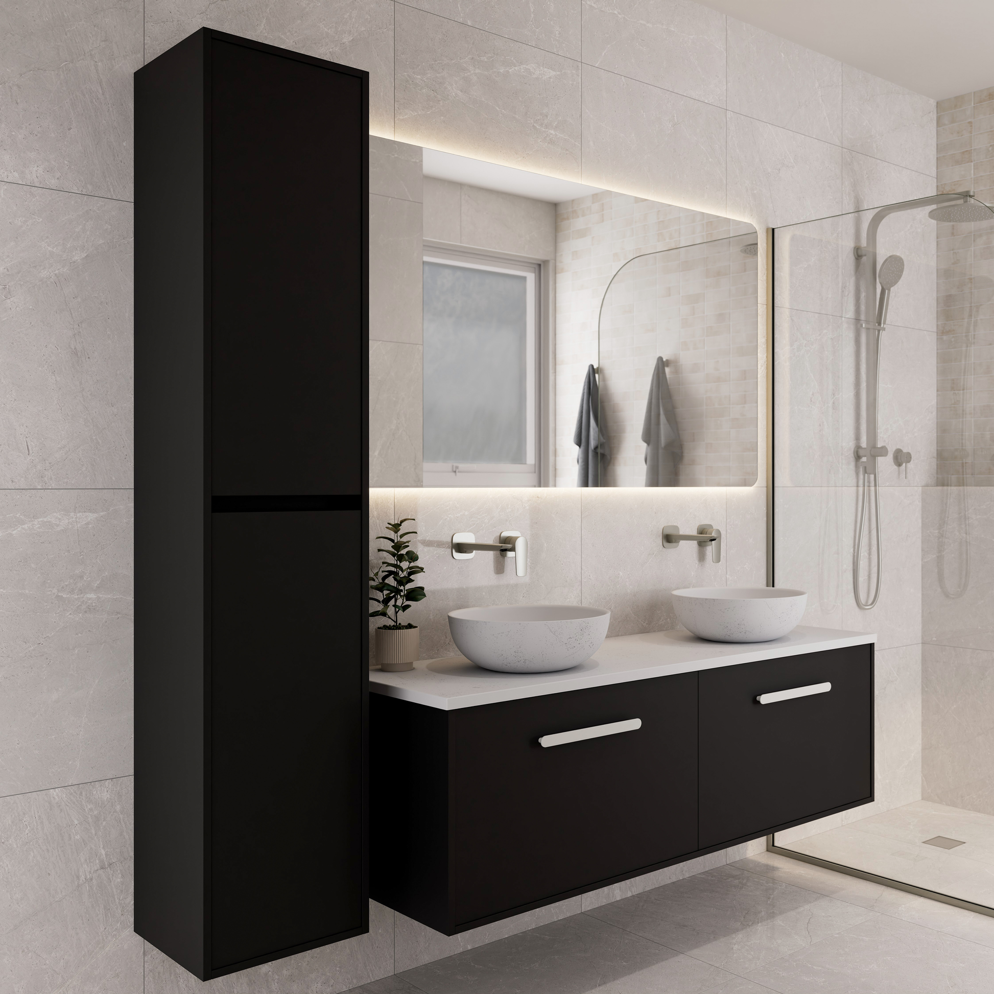 Bathroom-with-black-wooden-tower-cabinet-and-vanity-unit-mirror