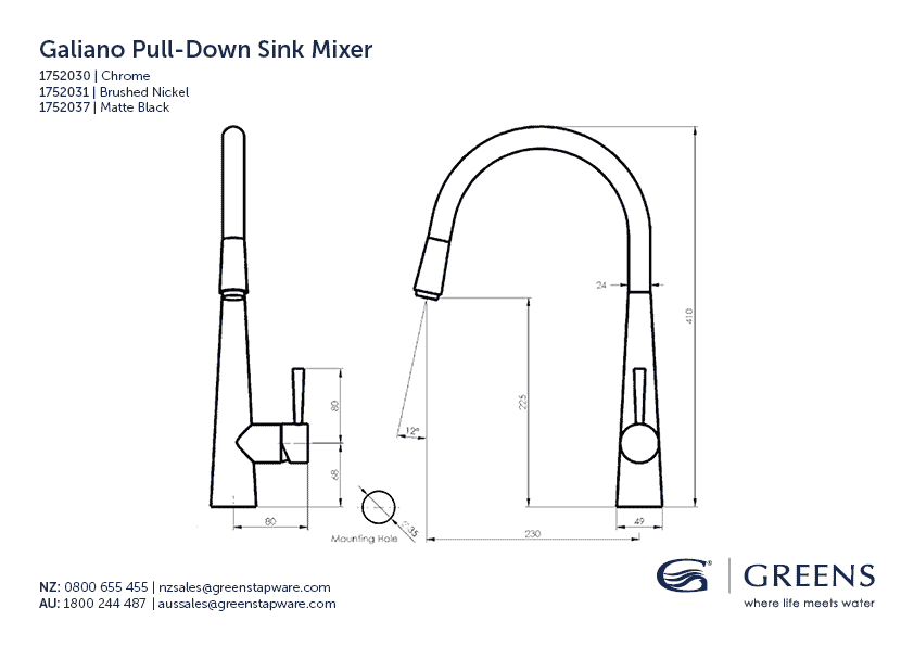 line-drawing-galiano-pull-down-sink-mixer-spec-sheet
