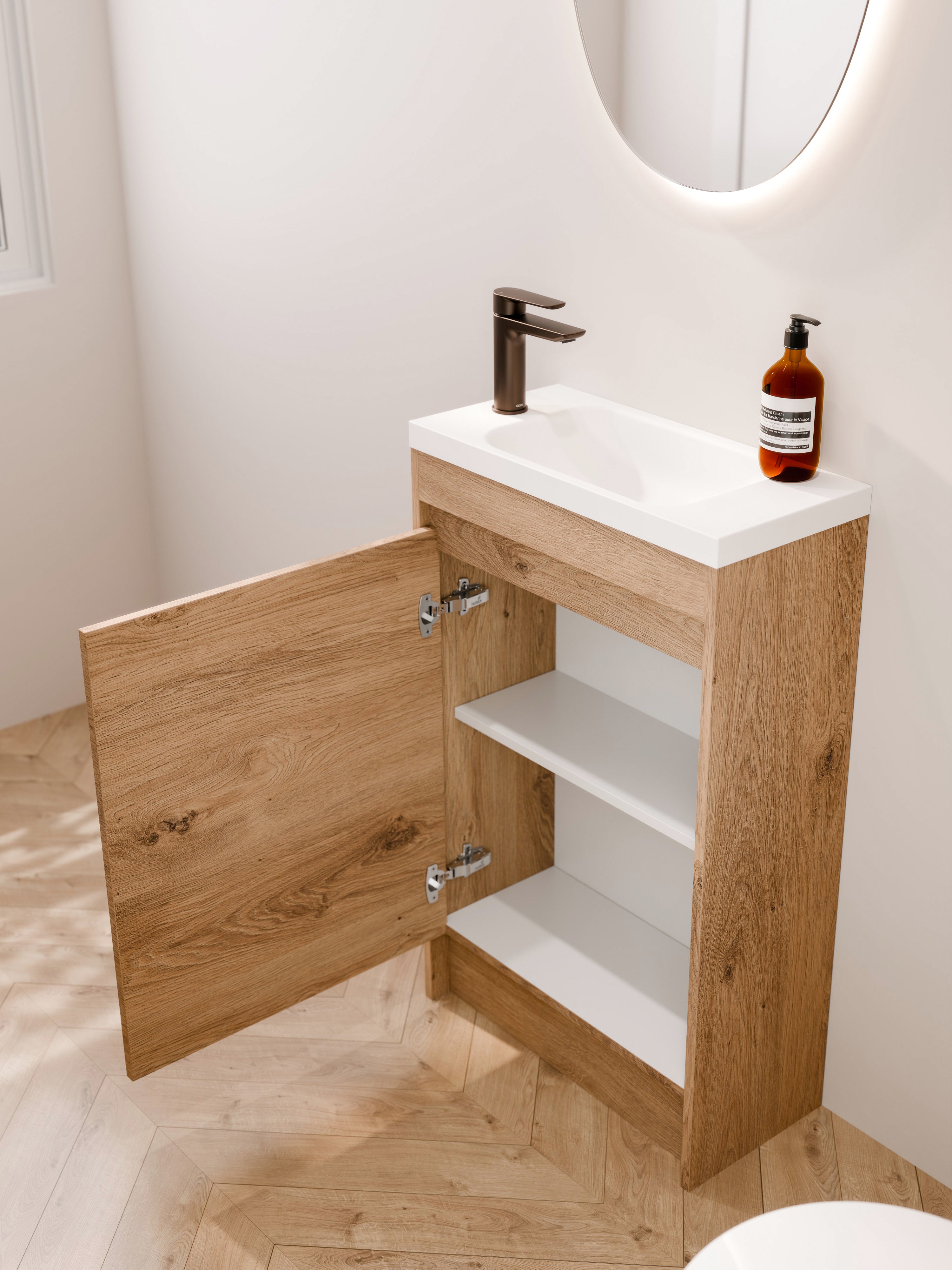 devon-oak-wc-vanity-550mm-door-open-storage-view