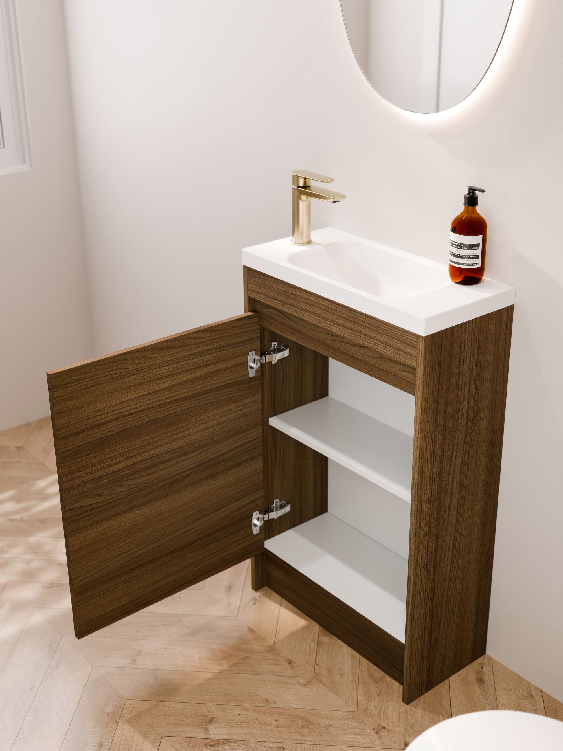 danish-walnut-wc-vanity-550mm-open-door-storage-view