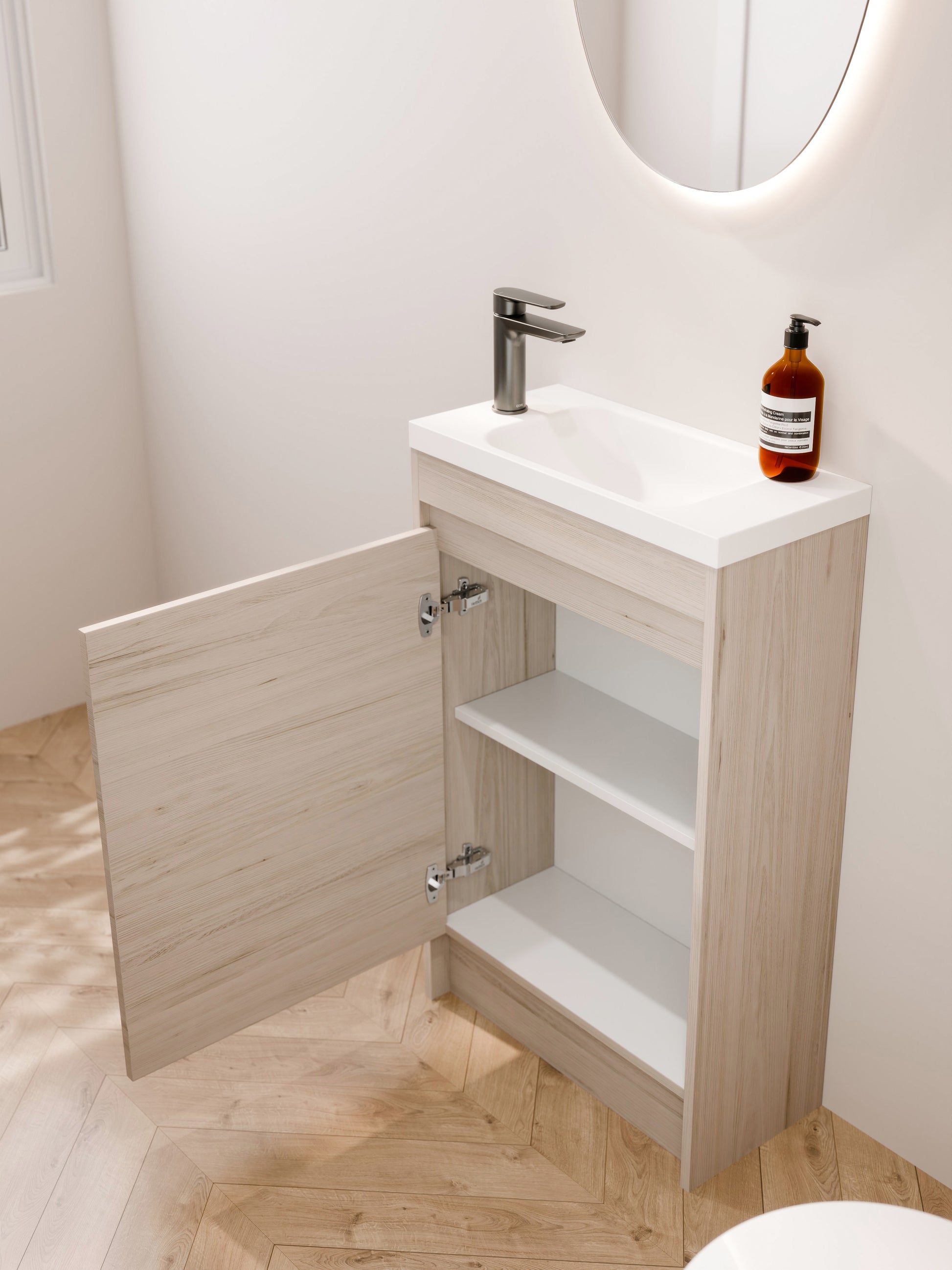 hamptons-elm-550mm-wc-vanity-with-door-open-integrated-basin-detail