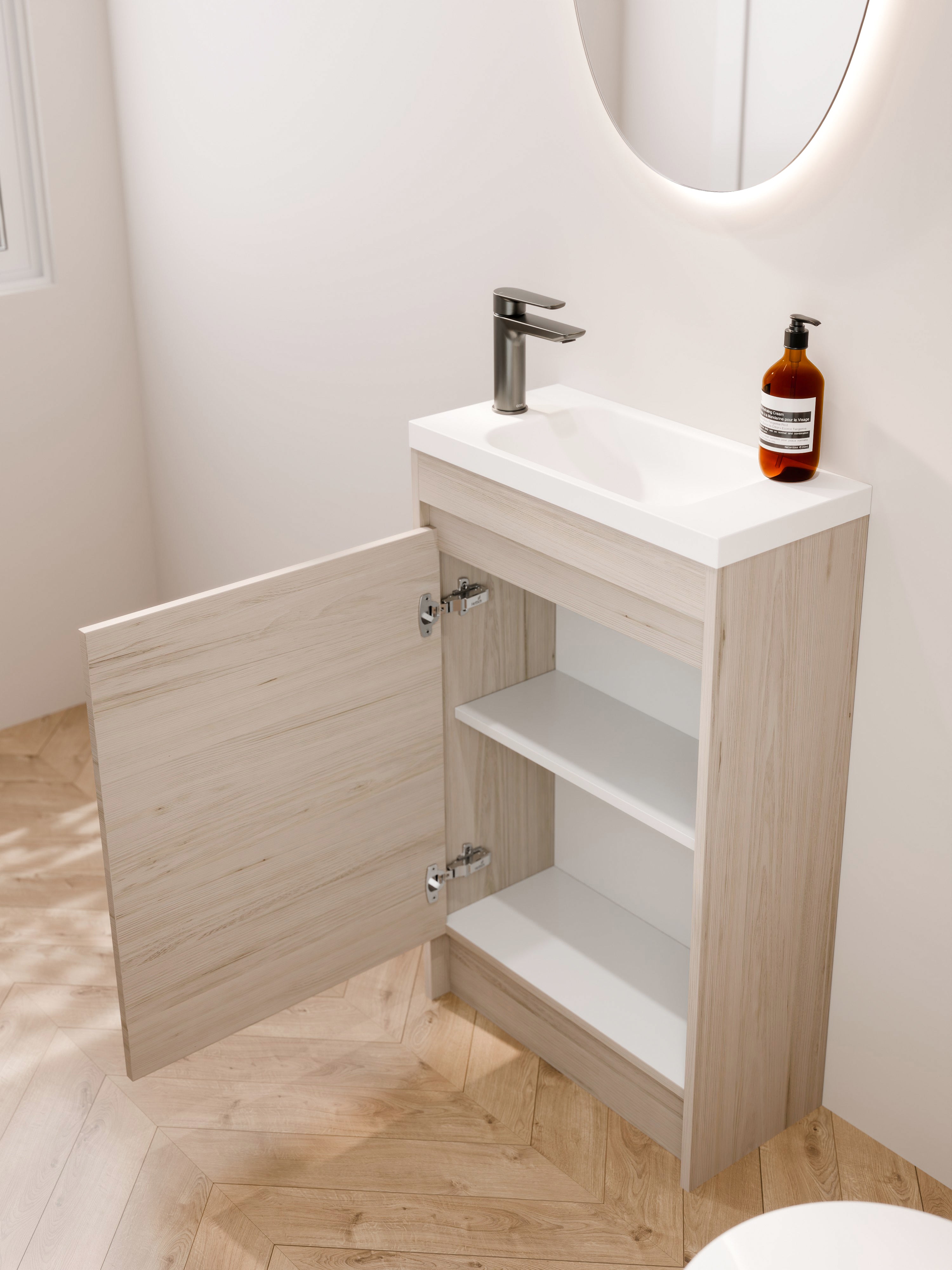 hamptons-elm-550mm-wc-vanity-with-door-open-integrated-basin-detail