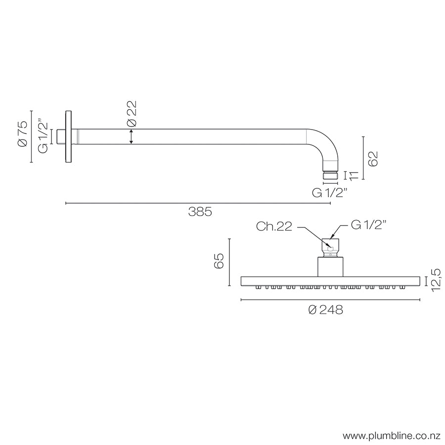 Plumbline Buddy 250mm Wall Mount Rainhead