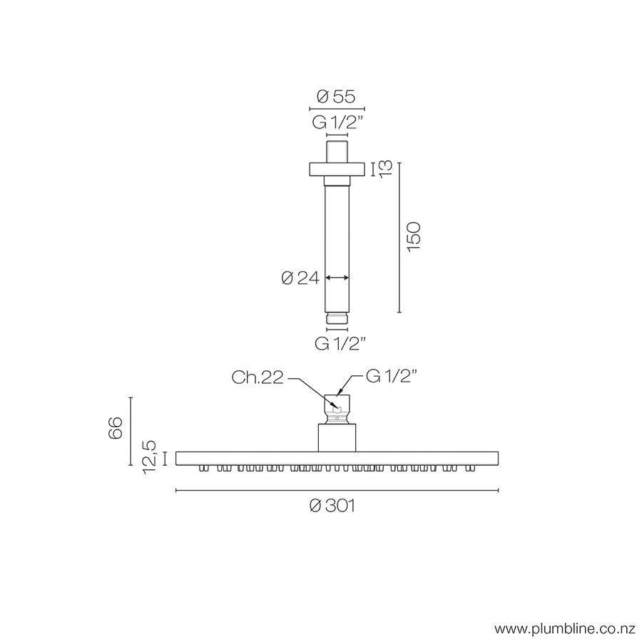 Plumbline Buddy 300mm Ceiling Mount Rainhead With 150mm Arm