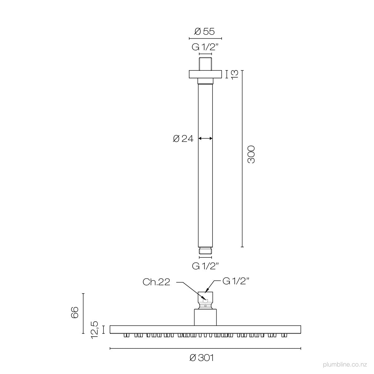 Plumbline Buddy 300mm Ceiling Mount Rainhead With 300mm Arm