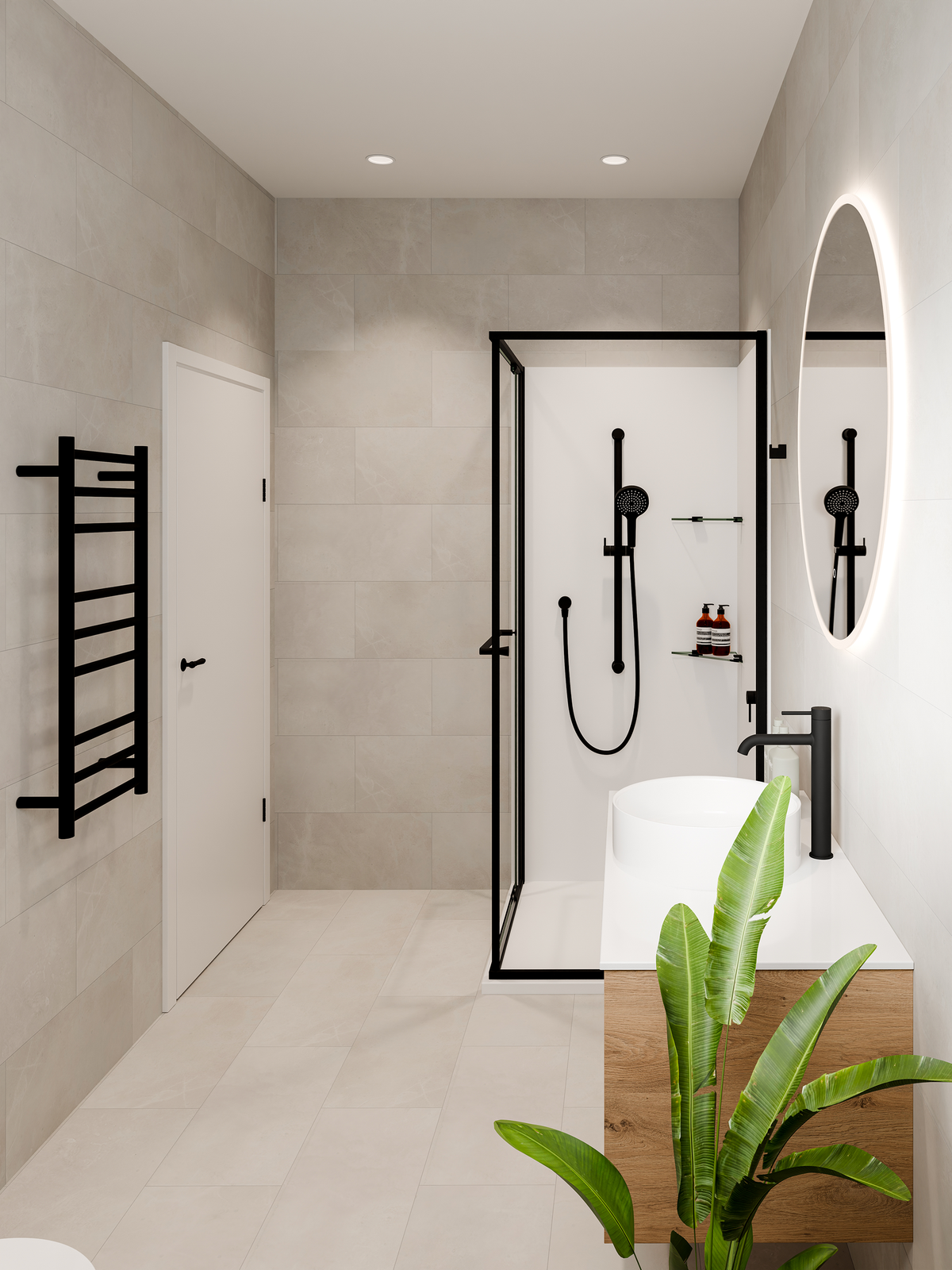 Bathroom with Nature Slide Shower in Matte Black with an Acrylic Shower Setup And Matte Black Finishes across the bathroom.