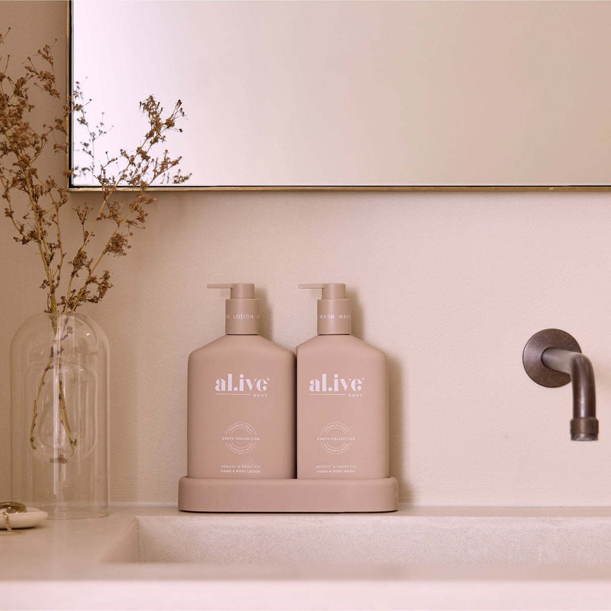 al.ive body Bathroom Duo - styled bathroom shelf