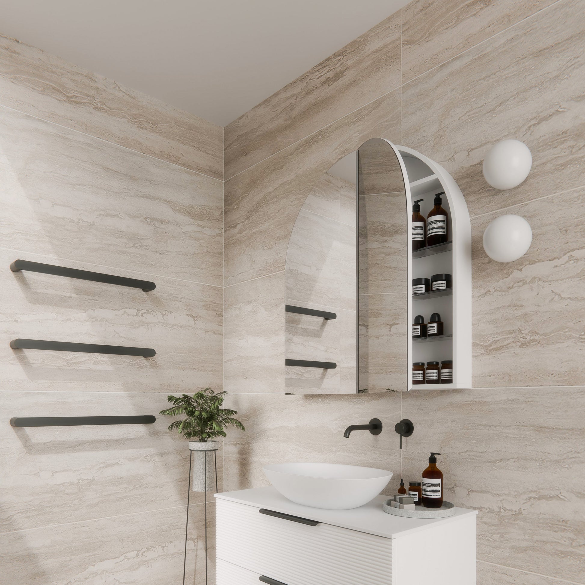 Neo-White-Arch-Mirror-Cabinet-850-open