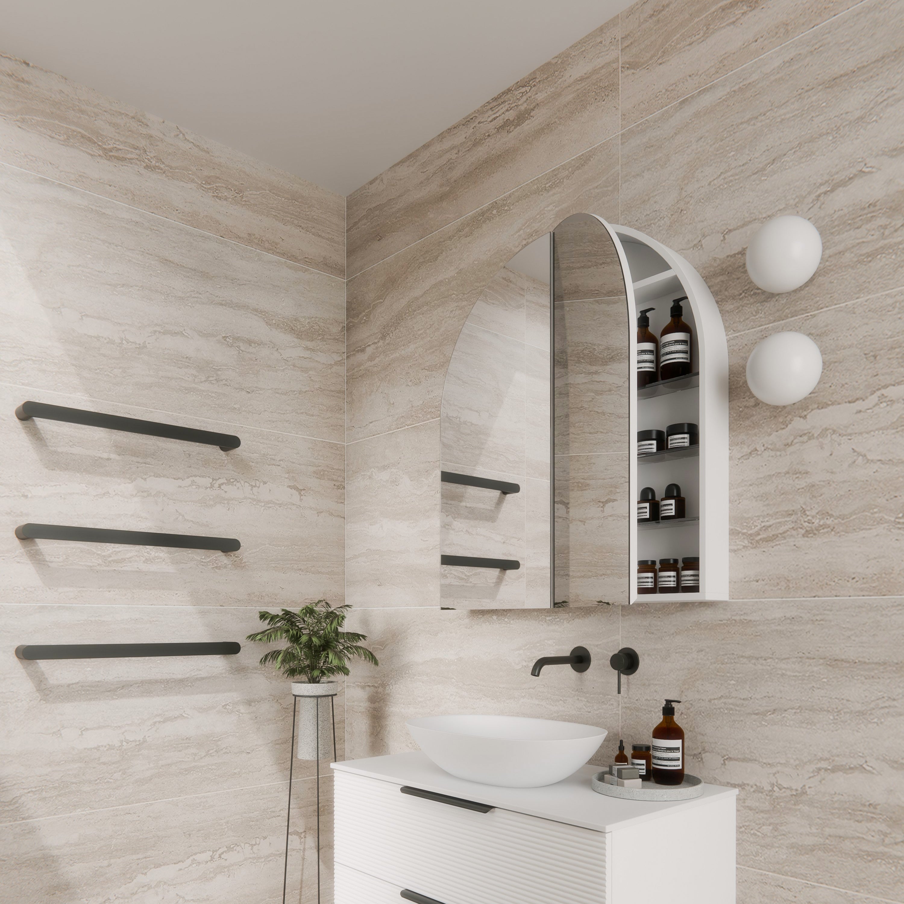 Neo-White-Arch-Mirror-Cabinet-850-open