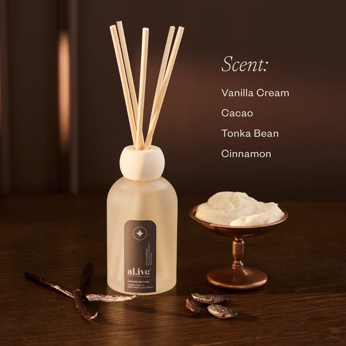 Al.ive Reed Diffuser - Vanilla Cream & Tonka Bean (250ml)