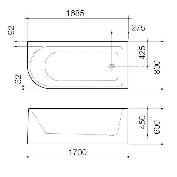 Origin 1700 Right Hand Corner Bath line drawing