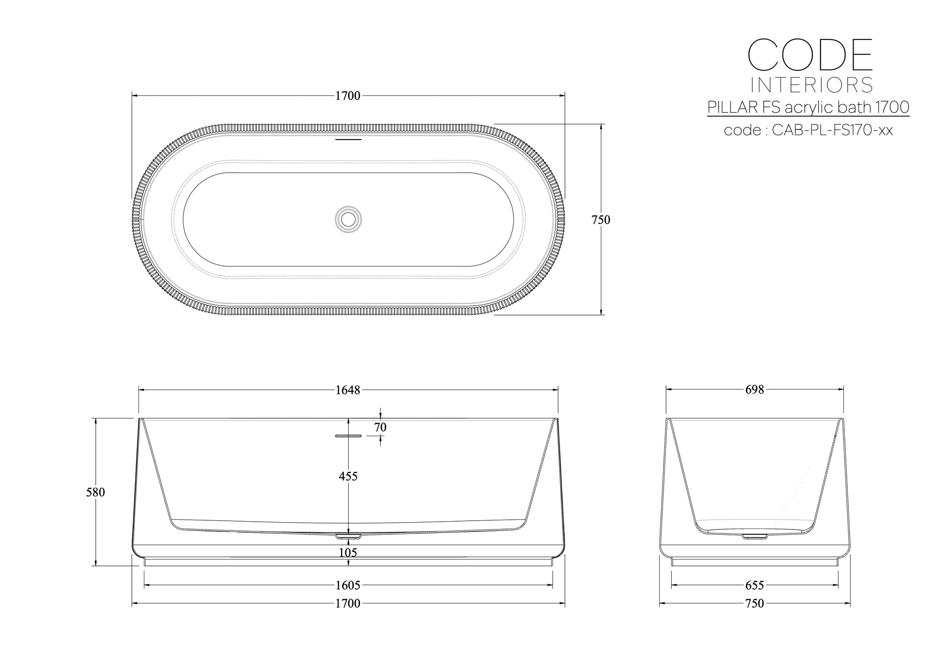 Code-Pillar-Acrylic-1700-freestanding-bath-spec-sheet-dimensions