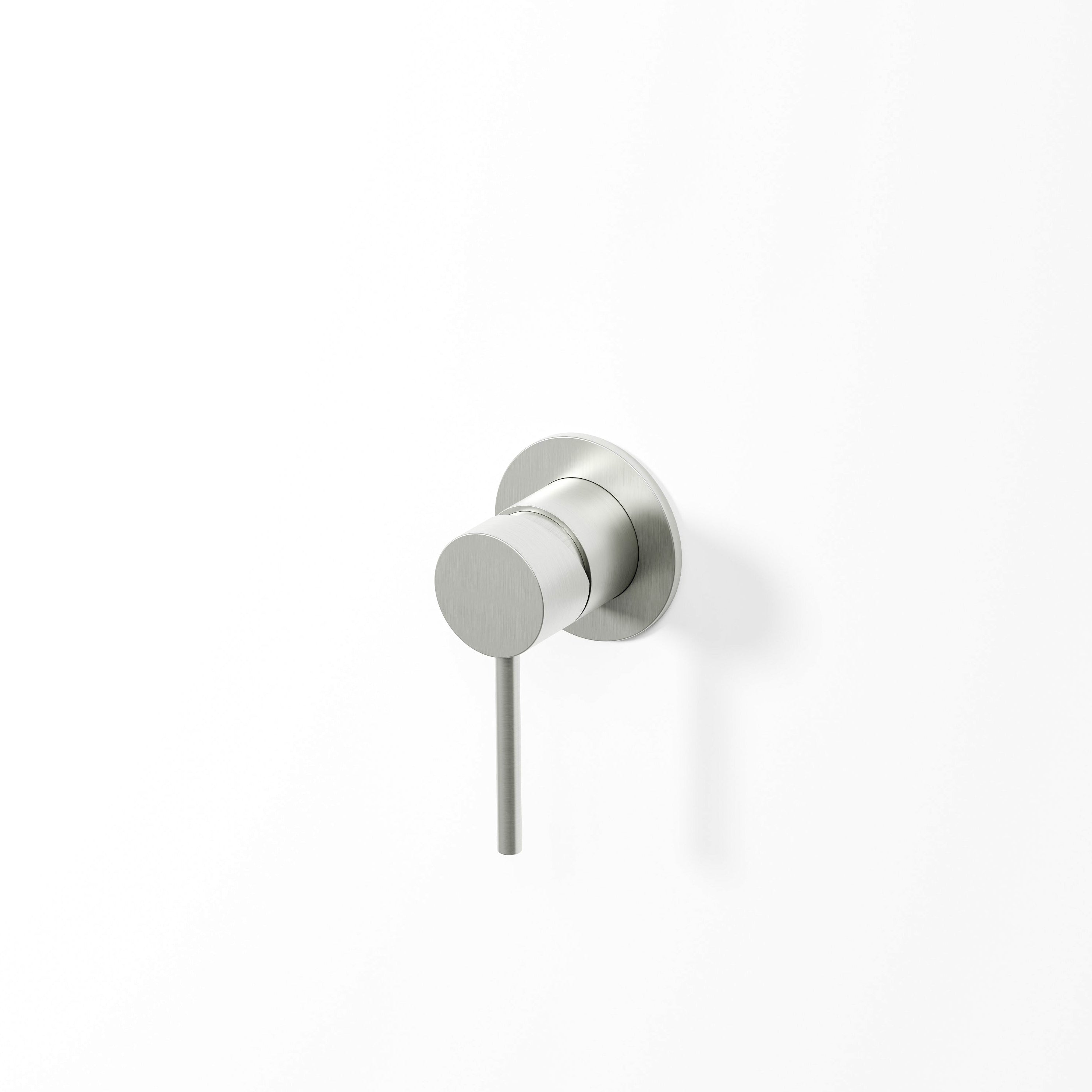 Modern wall-mounted shower mixer in brushed nickel on a white background