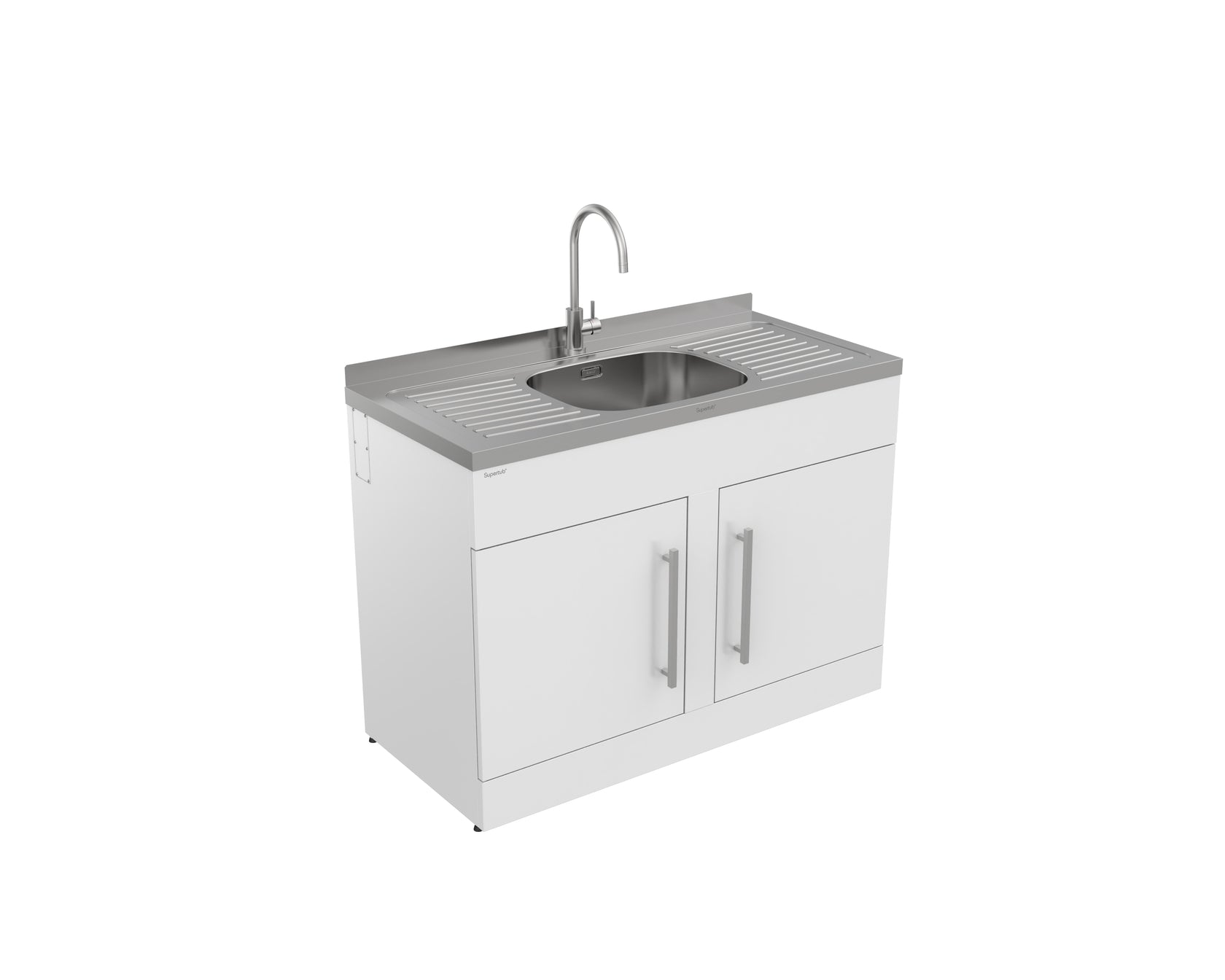 White kitchen cabinet with sink on a white background