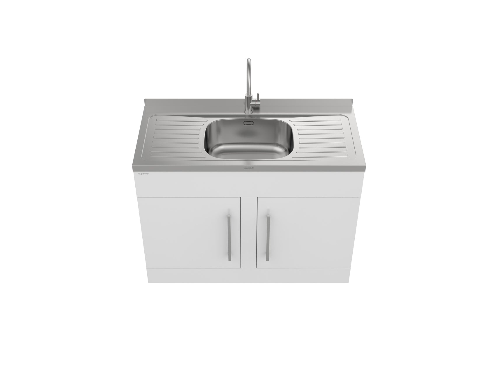 Stainless steel laundry sink with cabinet on a white background