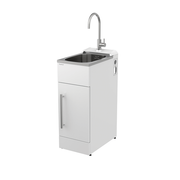 White cabinet with sink and faucet on a white background
