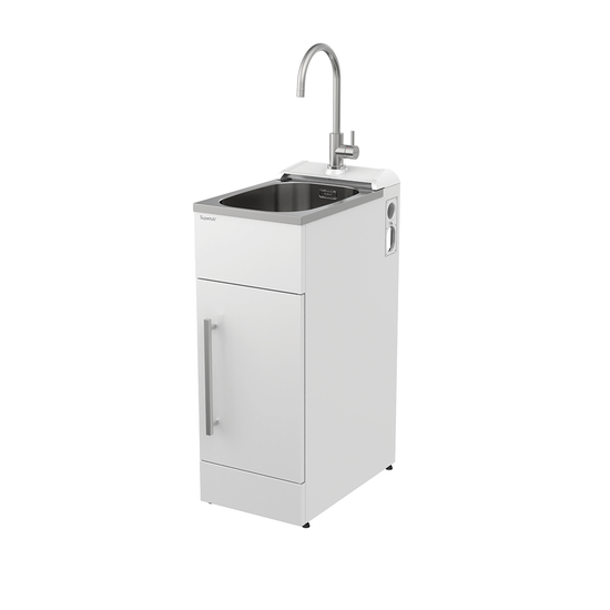 White cabinet with sink and faucet on a white background