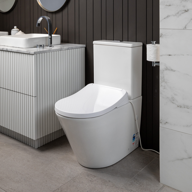 White Englefield D-Shape Bidet Seat In Modern Bathroom Setting With Tiles