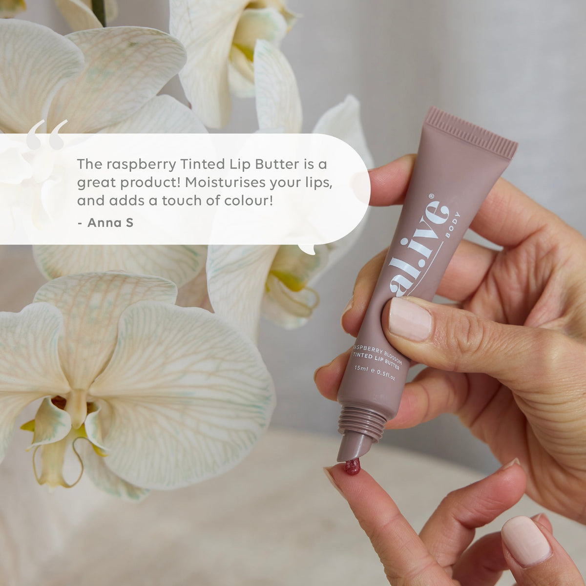 al.ive body Tinted Lip Butter Raspberry Blossom - testimonial