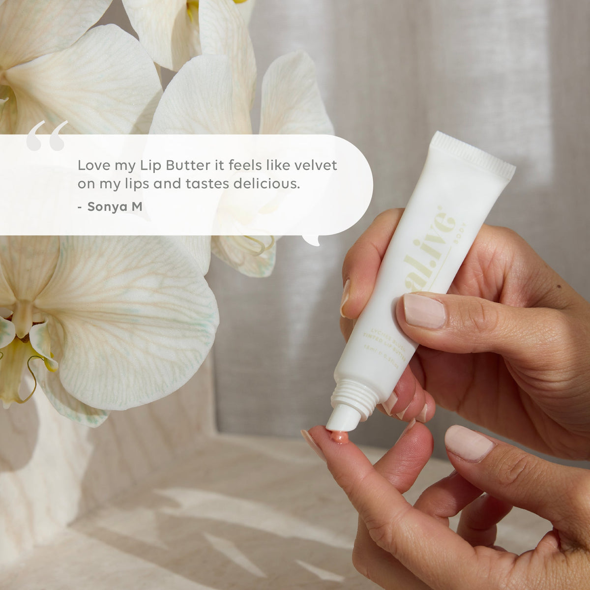 al.ive body Tinted Lip Butter Lychee Blush - testimonial