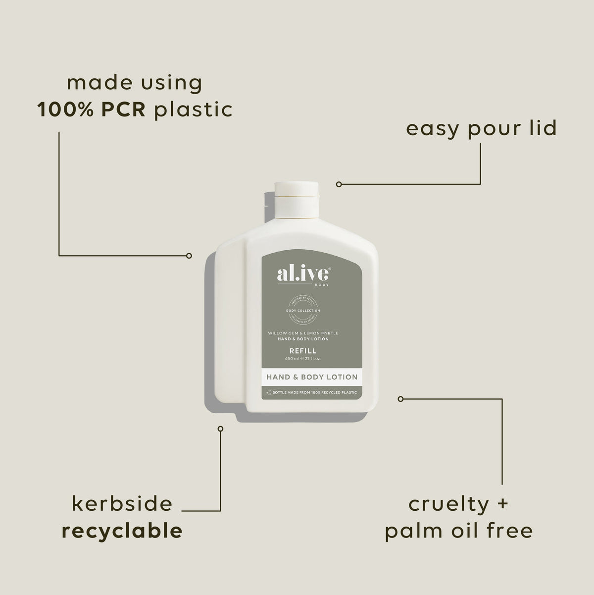Al.ive Hand & Body Lotion Refill - Willow Gum & Lemon Myrtle 650ml